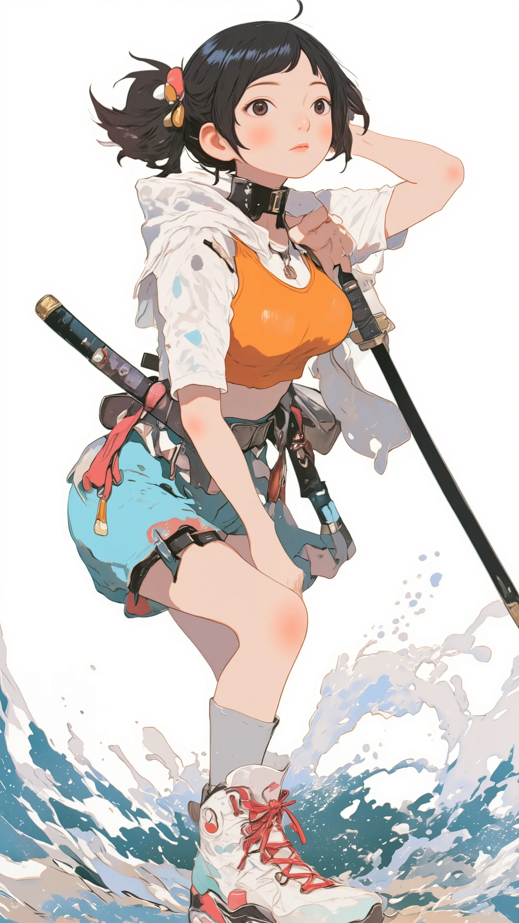  live-action 、Genuine、 Japanese woman with black hair and twin tails 、pale pink lips standing facing the ocean、thick lower lip、 Orange sports bra、 Big Bust、 DELICATE ENEMIES FIGHT  、 Futuristic white and red high-top sneakers with a Japanese sword hanging ...