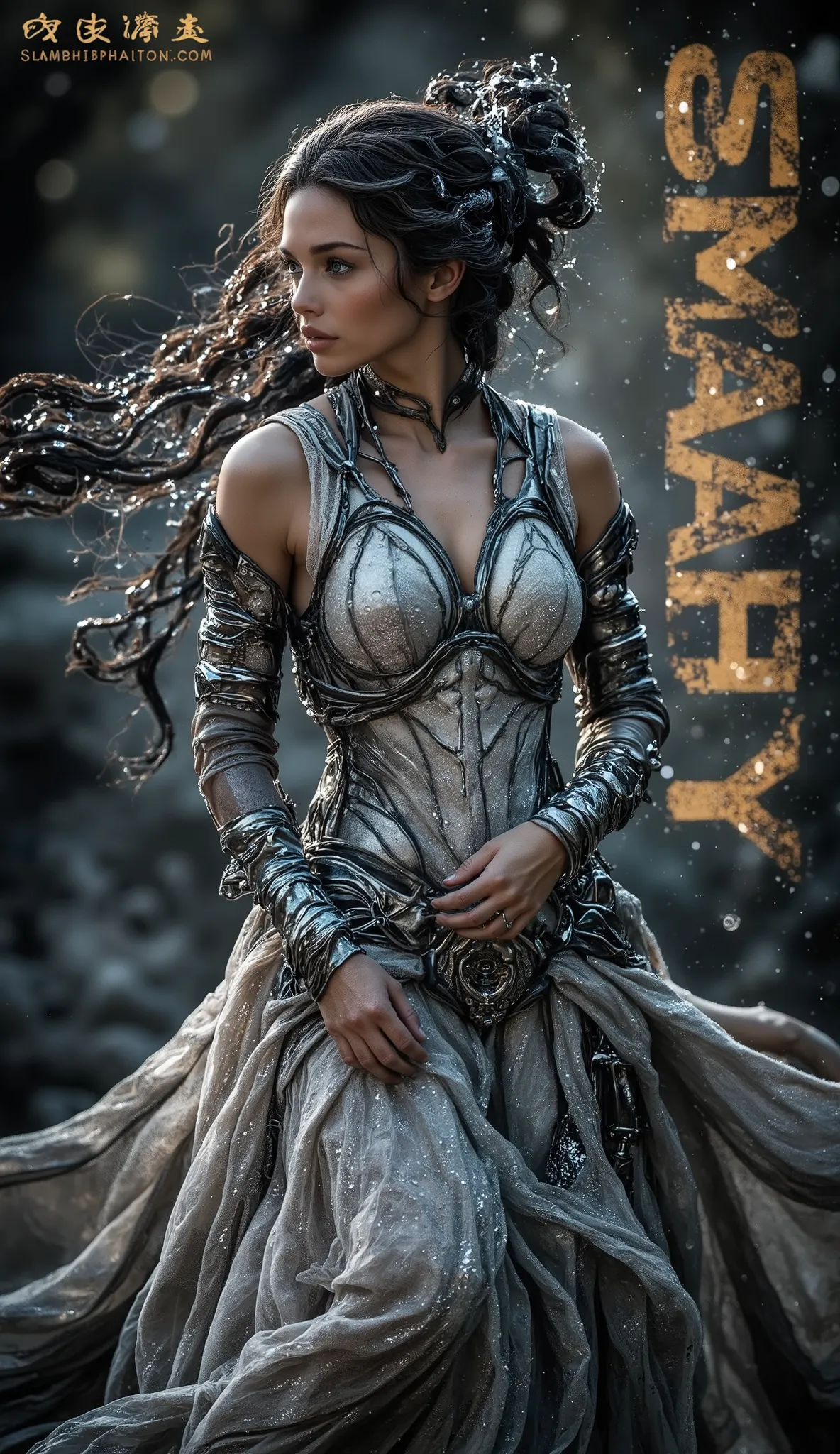 A beautiful European woman with very long, disheveled, dark, curly hair that glistened in the sun, pale skin, large eyes, and ((very large breasts)), runs through a very strange meadow on an alien planet. She is wearing a transparent, flowing dress and met...