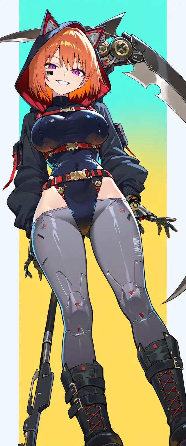 (beautiful girl : 1.3),1 girl,(hood with cat ears,mechanical leotard,turtleneck,Grey leggings,belt,Harness,Big Scythe,Mechanical Limbs,boots),Orange Hair,short hair,Smile Yan,reckless attitude,evil expression,provocative attitude,Keen Eyes,barcode tattoo on cheek,simple color background,dynamic angle,( anime style 4k,Stunning Animated Portraits,Anime Art),masterpiece,top quality,Rich Contrasts,HIGH DEFINITION,8k,high definition CG unit wallpaper,Textures,Incredibly Absurd,RAW pictures,Deep Border 1 .2,very detailed