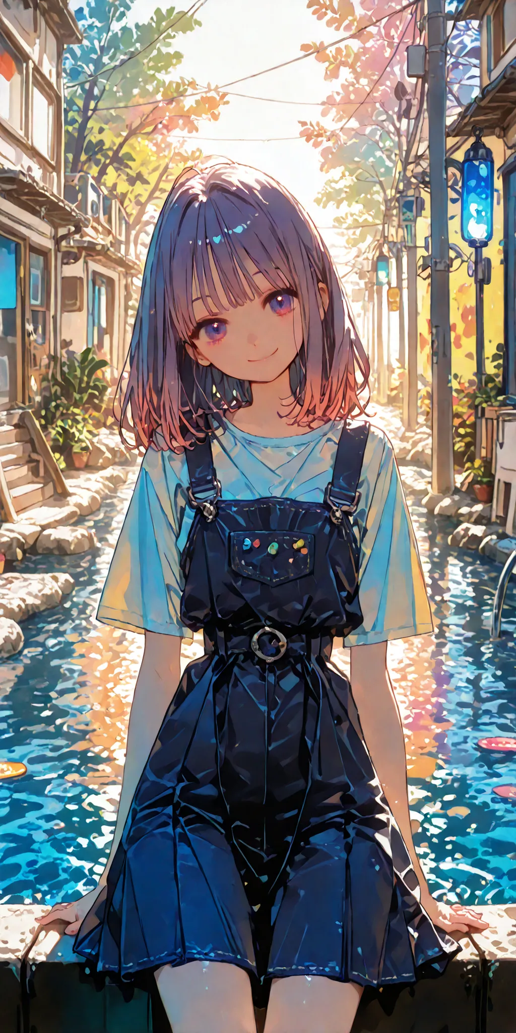 summer,Daytime,illuminated by sunlight,1girl,skirt,water,Smile Yan,cute,colorful,Overall view,The background is gently illuminated,Anime Chic,safe content (masterpiece, 最High Quality, High Quality, detailed background, complicated details,complicated,Ultra...