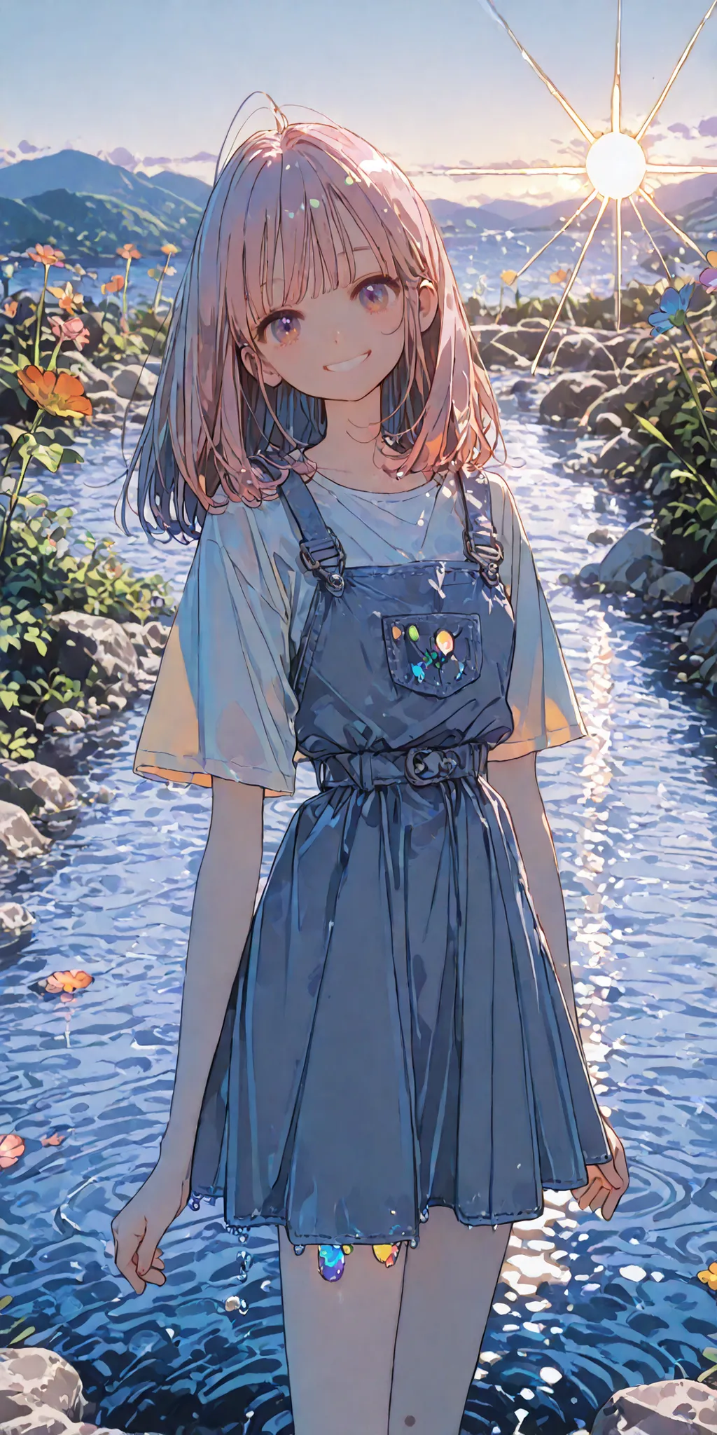 summer,Daytime,illuminated by sunlight,1girl,skirt,water,Smile Yan,cute,colorful,Overall view,The background is gently illuminated,Anime Chic,safe content (masterpiece, 最High Quality, High Quality, detailed background, complicated details,complicated,Ultra...