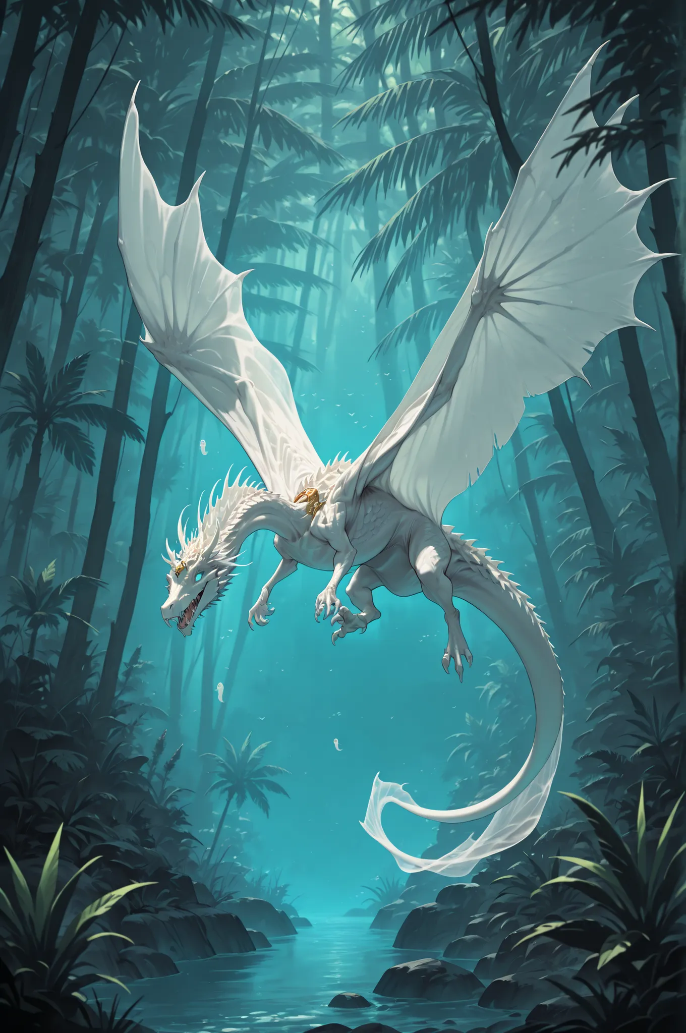 masterpiece, best quality, amazing quality, very aesthetic, high resolution, newest, hyper-detailed, ghost-Dinosaur, ivory and gold, with a sabertooth, leathes wings, fantasy theme, full body fan art, amazing tropical forest background, depth of field