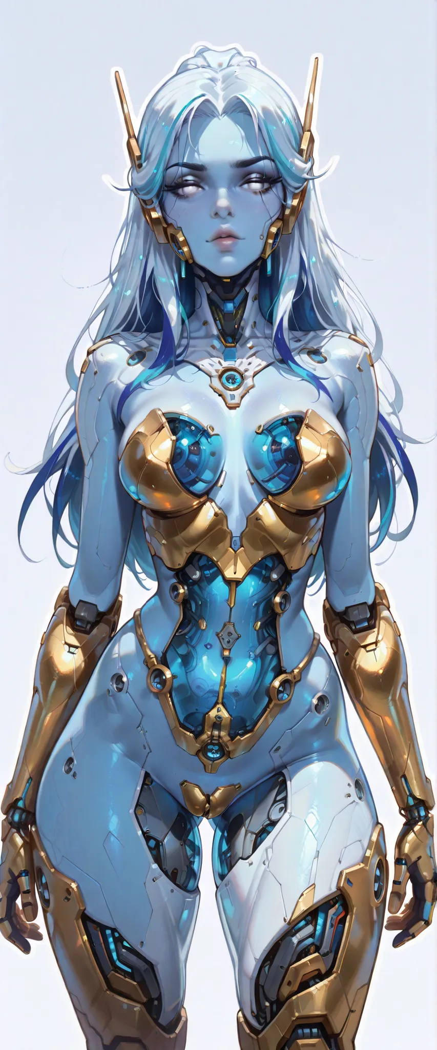 (masterpiece), best quality, expressive eyes, perfect face,1 girl, young woman, short hairs, blue eyes, looking at viewer, cowboy shot, seductive pose, serious, (( completely nude, strapless, mechanical breasts, mechanical gold crotch, gold pussy, gold bre...