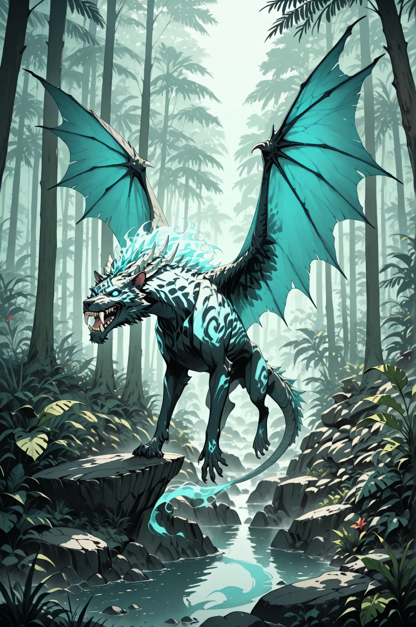masterpiece, best quality, amazing quality, very aesthetic, high resolution, newest, hyper-detailed, ghost-Dinosau, with a sabertooth, leathes wings, fantasy theme, full body fan art, amazing tropical forest background, depth of field