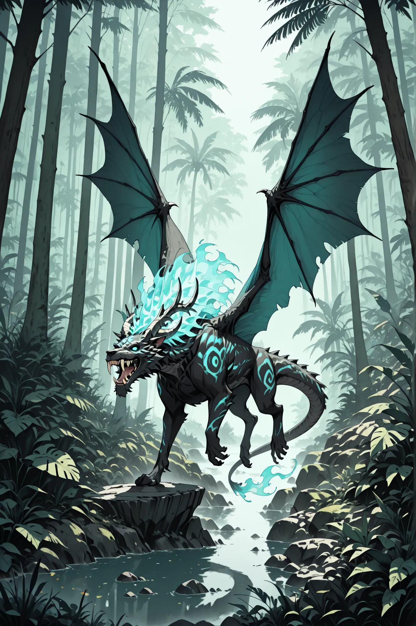 masterpiece, best quality, amazing quality, very aesthetic, high resolution, newest, hyper-detailed, ghost-Dinosau, with a sabertooth, leathes wings, fantasy theme, full body fan art, amazing tropical forest background, depth of field