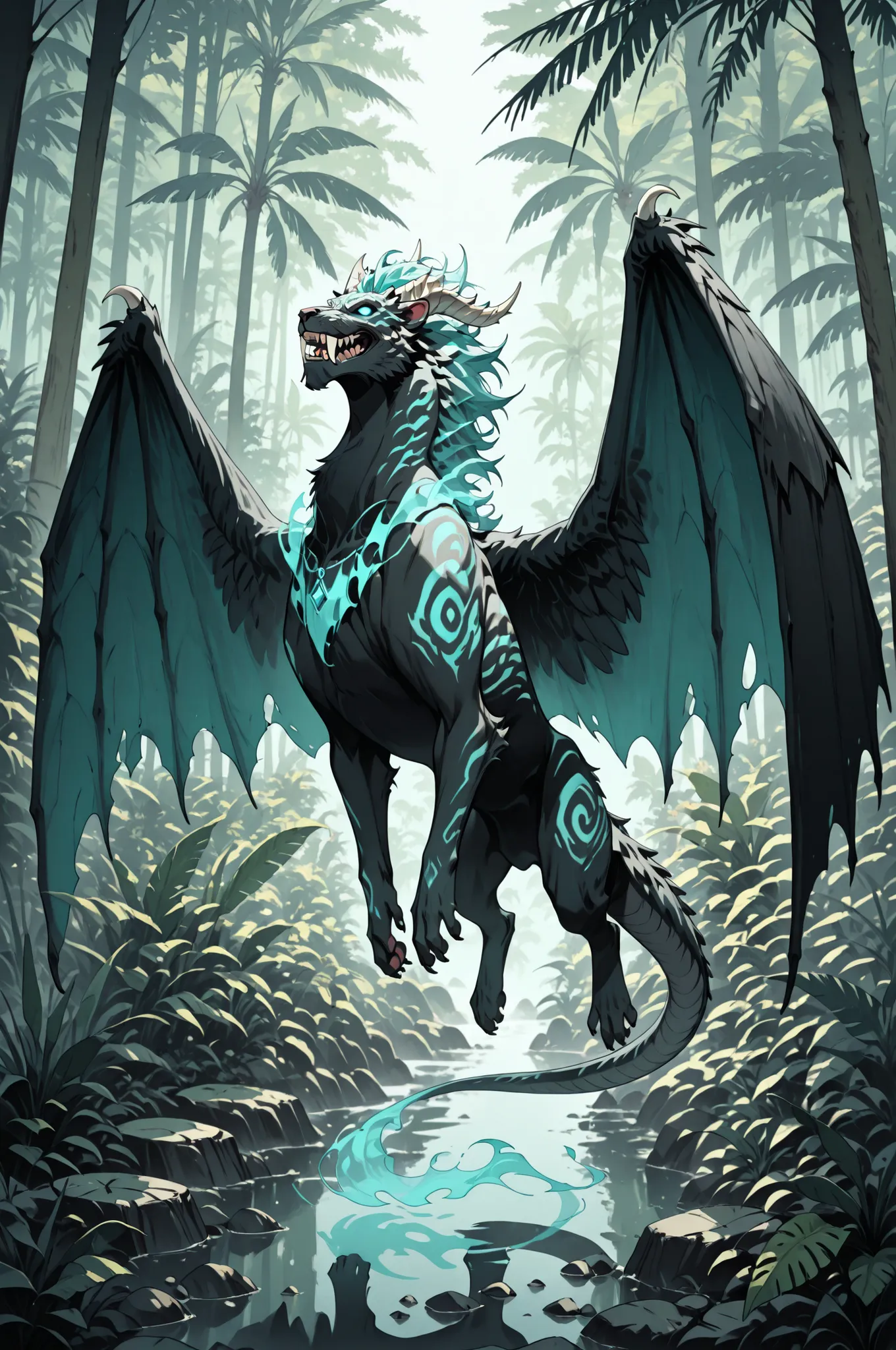 masterpiece, best quality, amazing quality, very aesthetic, high resolution, newest, hyper-detailed, ghost-Dinosau, with a sabertooth, leathes wings, fantasy theme, full body fan art, amazing tropical forest background, depth of field