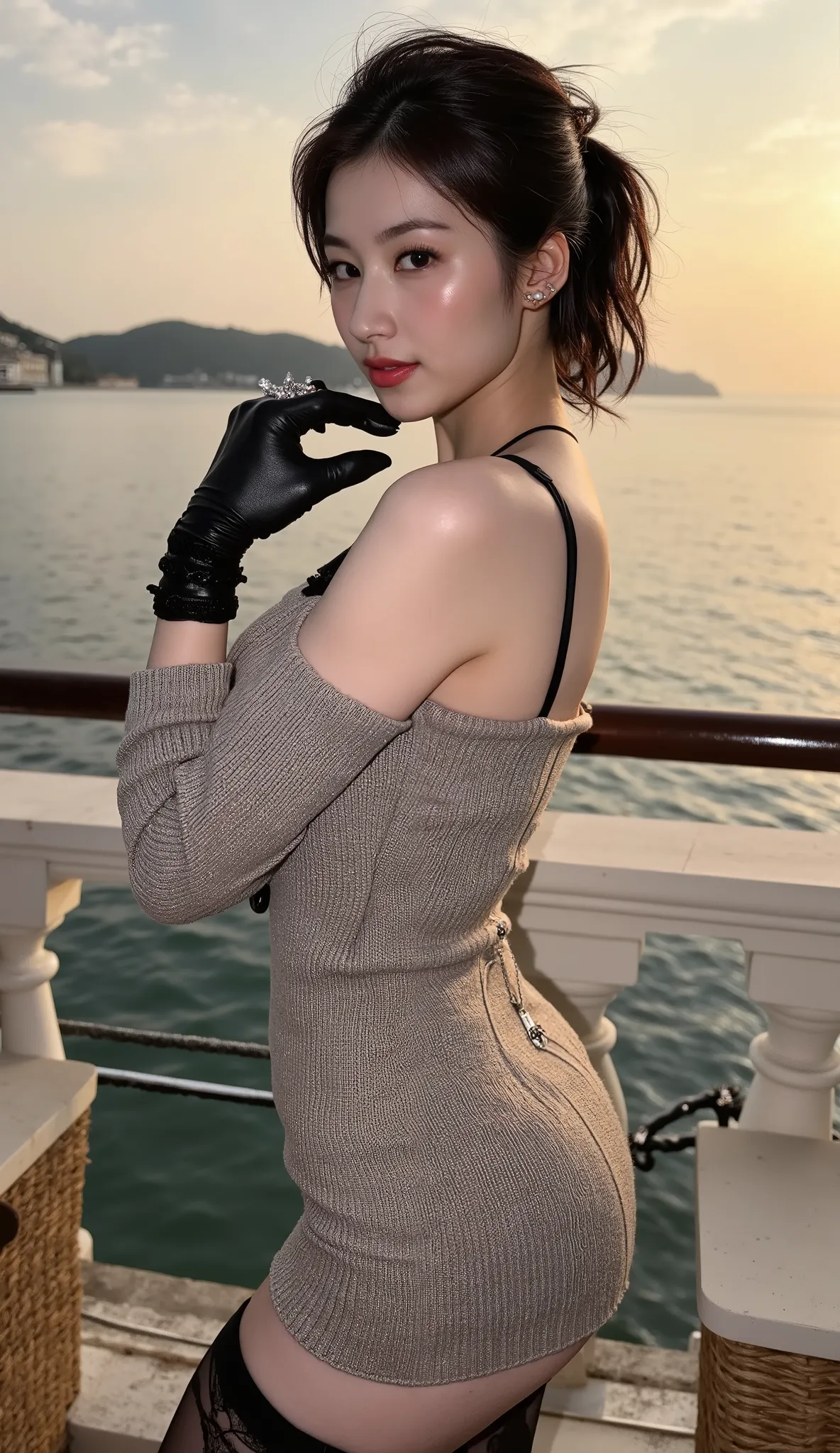  masterpiece,   High Quality,staring at the camera、(standing sideways、long distance photo showing her whole body、Butt Highlighting Pose)、  Beauty ,   , pale eyes with shine on his eyelids  ,   beautiful breasts,   standing sideways like a model、 Beautiful ...