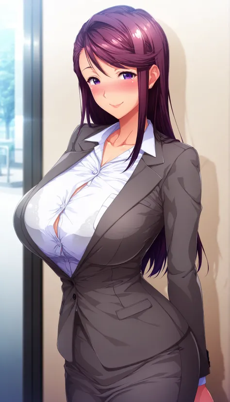 masterpiece, best quality, good quality, 1girl, Takatsuki Miyuki, long hair, parted to side, straight hair, violet hair, violet eyes, mature, large medium breast, beautiful breast, perfect ratio, slim, game cg style, blush, horny, slutty, smile, white shir...