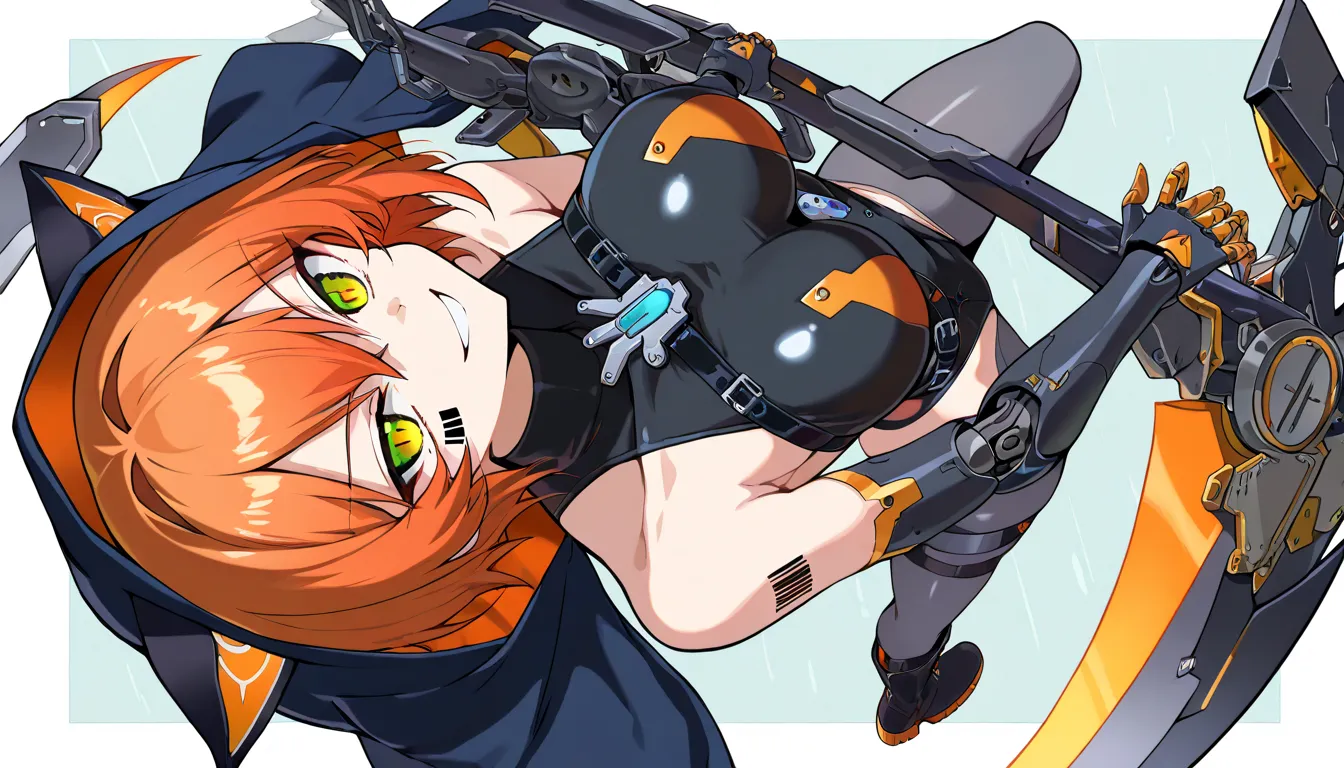 (beautiful girl : 1.3),1 girl,(hood with cat ears,mechanical leotard,turtleneck,Grey leggings,belt,Harness,Big Scythe,Mechanical Limbs,boots),Orange Hair,short hair,Smile Yan,reckless attitude,evil expression,provocative attitude,Keen Eyes,barcode tattoo on cheek,simple color background,dynamic angle,( anime style 4k,Stunning Animated Portraits,Anime Art),masterpiece,top quality,Rich Contrasts,HIGH DEFINITION,8k,high definition CG unit wallpaper,Textures,Incredibly Absurd,RAW pictures,Deep Border 1 .2,very detailed