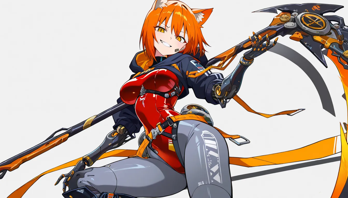 (beautiful girl : 1.3),1 girl,(hood with cat ears,mechanical leotard,turtleneck,Grey leggings,belt,Harness,Big Scythe,Mechanical Limbs,boots),Orange Hair,short hair,Smile Yan,reckless attitude,evil expression,provocative attitude,Keen Eyes,barcode tattoo on cheek,simple color background,dynamic angle,( anime style 4k,Stunning Animated Portraits,Anime Art),masterpiece,top quality,Rich Contrasts,HIGH DEFINITION,8k,high definition CG unit wallpaper,Textures,Incredibly Absurd,RAW pictures,Deep Border 1 .2,very detailed
