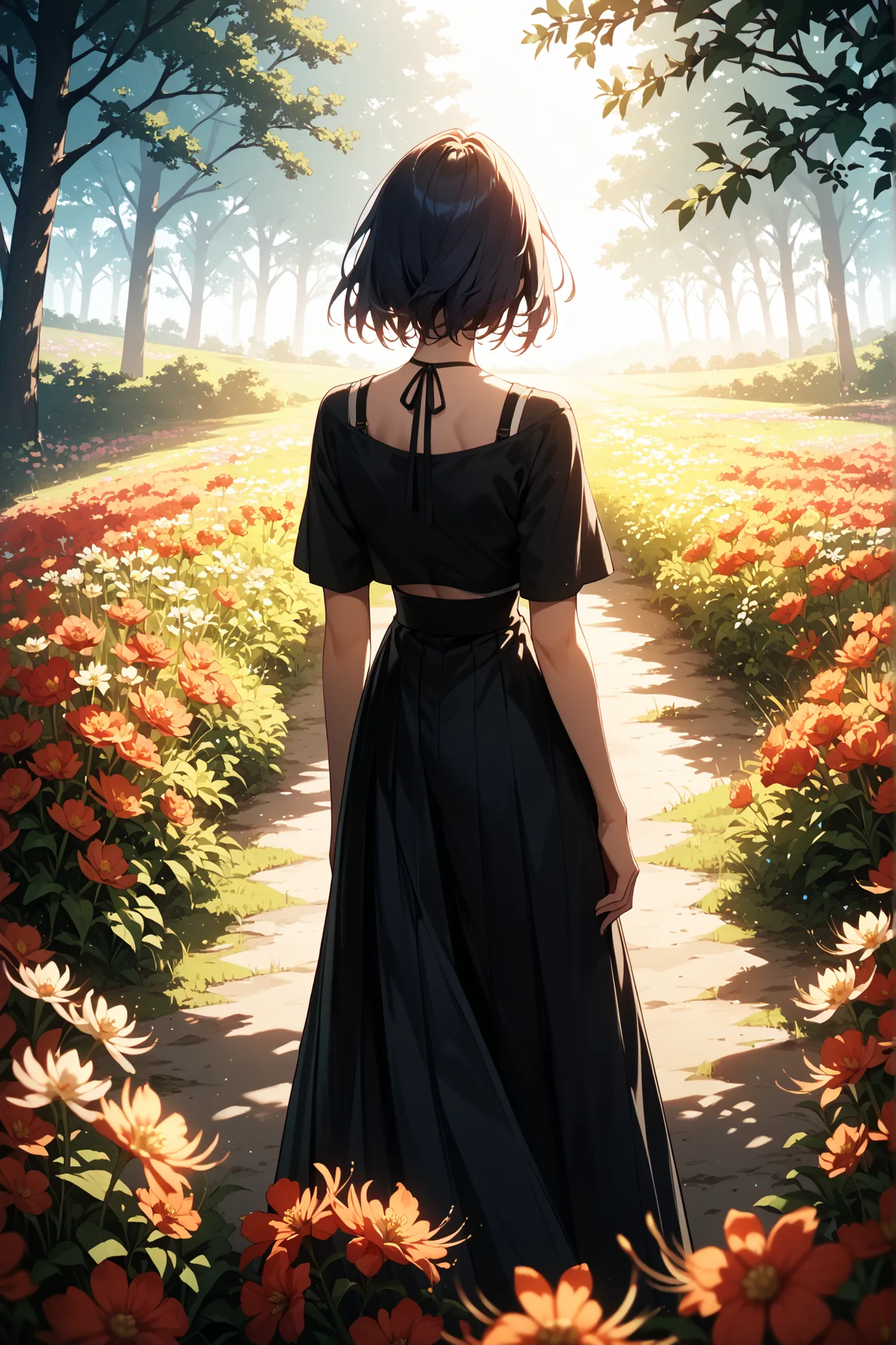masterpiece, top quality, Lower body that can be seen through a long skirt, melew, Flower field, Backlight effect, silhouette, romantic, anime style, high res, Delicate Details、
