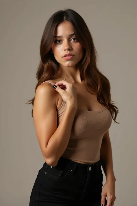 trained woman with long hair, wears a light brown tank top and black pants, Model-Shooting, 2 4 year old female model,  Wear an undershirt , she is wearing a black tank top,   modeling photography  ,  wears a tank top ,   photo shoot portrait  ,   wears a ...