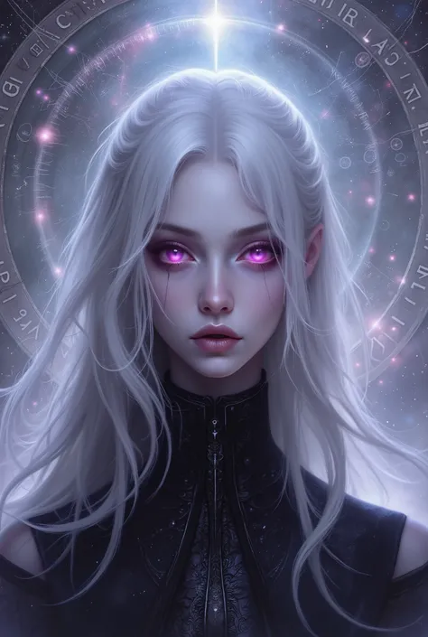 (best quality, 4k, highres, masterpiece:1.2) , ultra-detailed, (realistic, photorealistic:1.37), A surreal, hyper-detailed portrait of a mystical oracle girl named "Mysla Aerne", who embodies the dreams of a thousand watchers. Her flowing platinum-white ha...