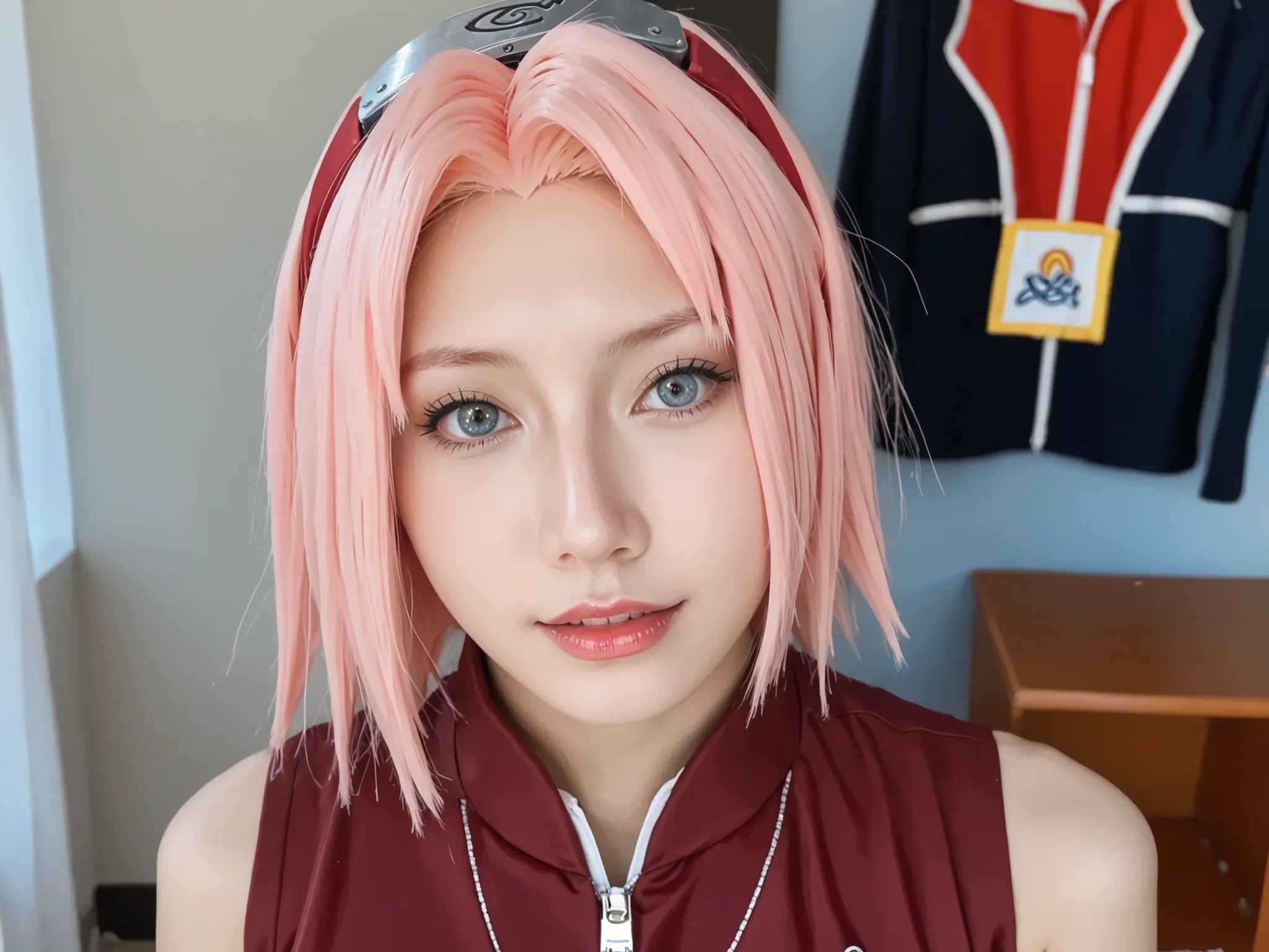 Mulher cosplayer, 18 anos, cosplayer de Haruno Sakura - Naruto , seu grande seio nu, sem roupas, nu completo, seios pequenos , ,pele real,textura da pele,detailed facial features, sardas,Ance,  adult content , she is in a hotel room