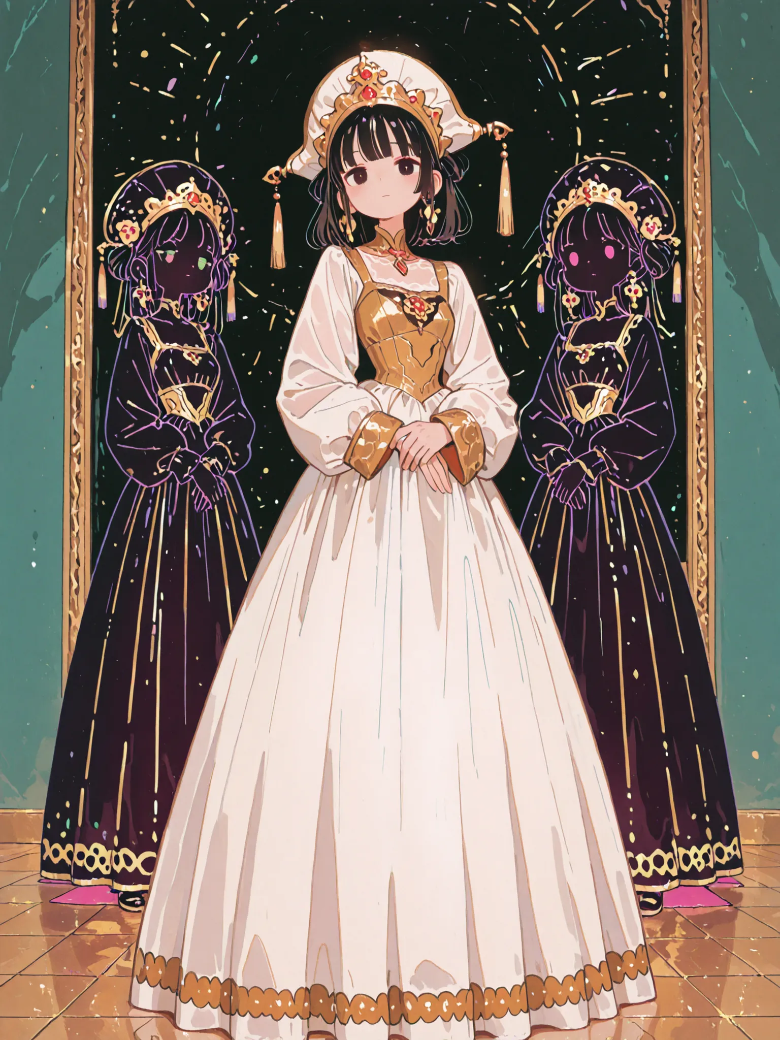 High-resolution work, kualitas tinggi. of the two noblewomen who guard the distance like an old enemy. first lady with perfect face, Bulut mata lentik, emerald-colored eyes , hidung mancung, perfectly slim face, with a firm jaw, tatapan mata tajam, golden-...