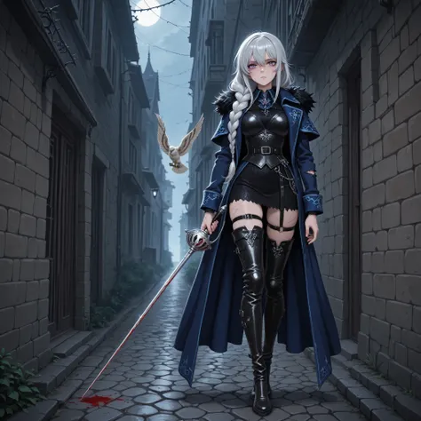Elegant, silver-haired noblewoman with violet eyes, wearing a torn high-collared royal blue noble coat, black chainmail accents, thigh-high leather boots, long braid wrapping around her neck, standing with a blood-stained rapier in hand, faint noble crest ...