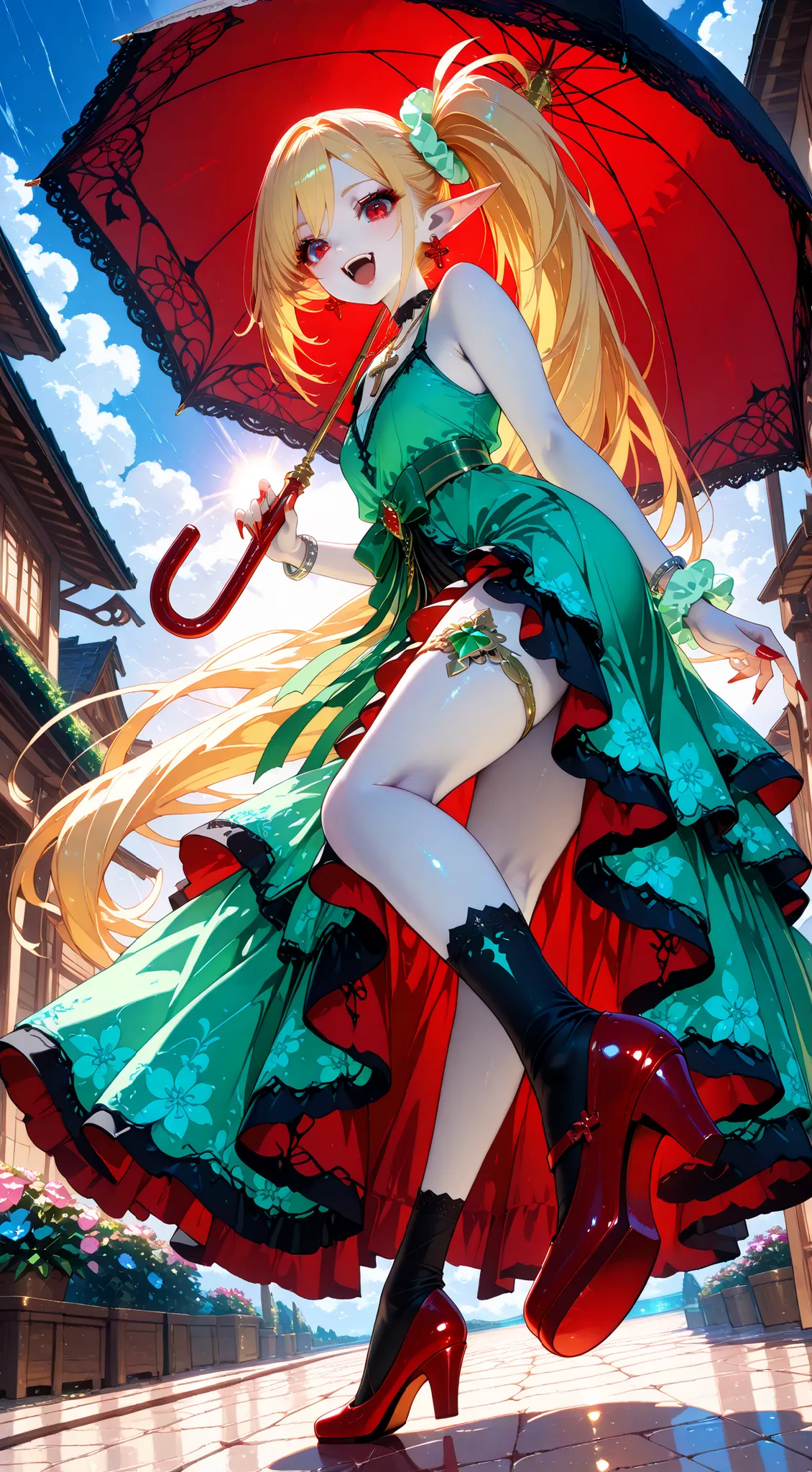 Very High resolution,cute anime-style,masterpiece,best quality,amazing quality,hyper-detailed,very aesthetic,closeup shot,from below,from side,dutch angle,Midsummer sun,A paved road along the coast,A female vampire holding a parasol,A black parasol with a ...