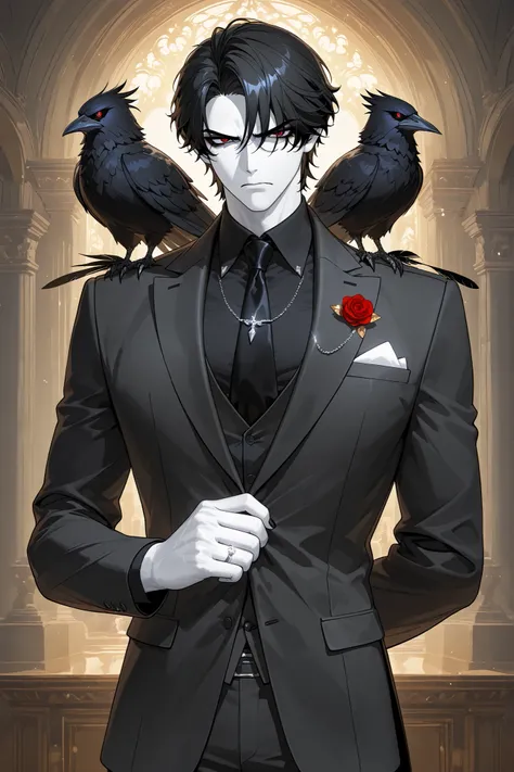 The crow beastman,crow harpy. The tall mighty middle edman broad-shouldered with masculine features. He has white skin. He has dark makeup on his face in the form of a stripe in the eye area.  He has short slicken back jet-black hair,his shortcut hair was ...