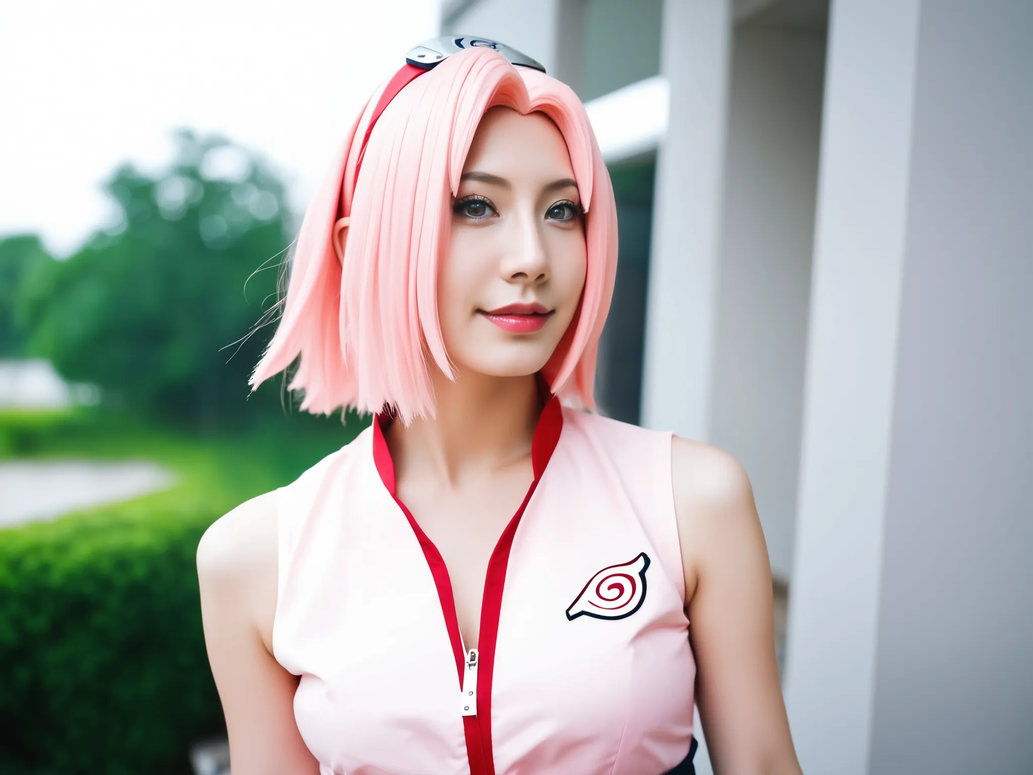Sweet girl cosplayer, 18 anos, cosplayer de Haruno Sakura - Naruto , cosplay perfeito, olhos verdes ,pele real,textura da pele,detailed facial features, sardas,Ance,  adult content , she is in a hotel room