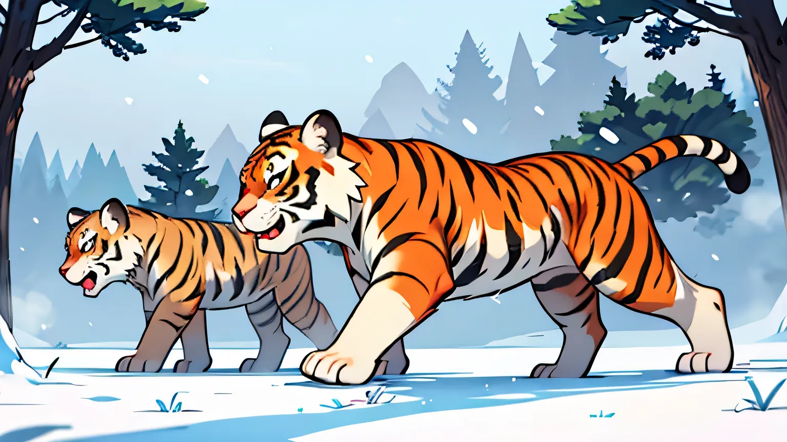dark, snowy landscape. Six (stylized shadows or animation) tiger silhouettes move slowly in frame. frosty breath, light breeze.