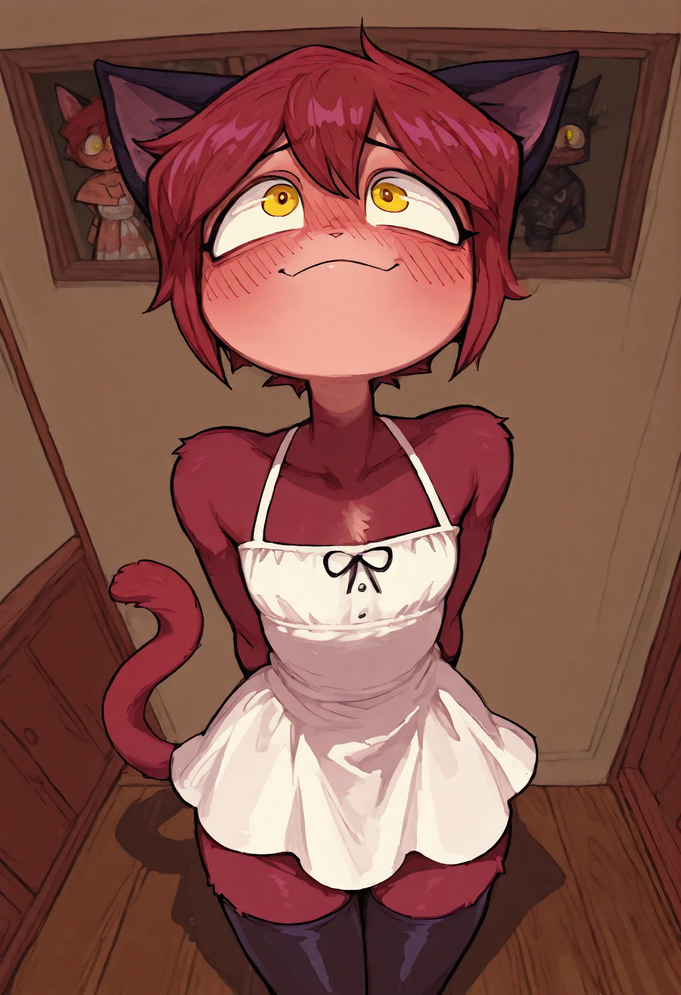 1boy, dark red fur, red short hair , purple mystical patterns, yellow eyes, cat ears, cat tail, white dress, black stockings, flat chest, a woman's body and face, room, hands behind your back, looks up , shadow, disturbance, embarrassed smile, exciteme...