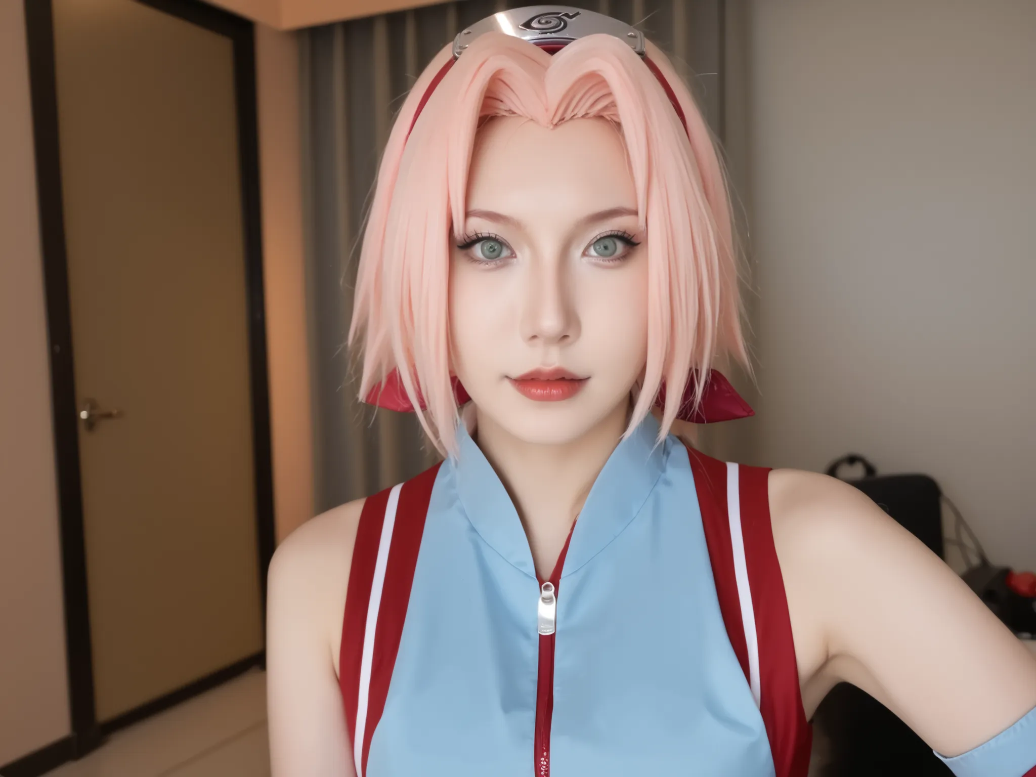 Sweet girl cosplayer, 18 anos, cosplayer de Haruno Sakura - Naruto , cosplay perfeito, olhos verdes ,pele real,textura da pele,detailed facial features, sardas,Ance,  adult content , she is in a hotel room