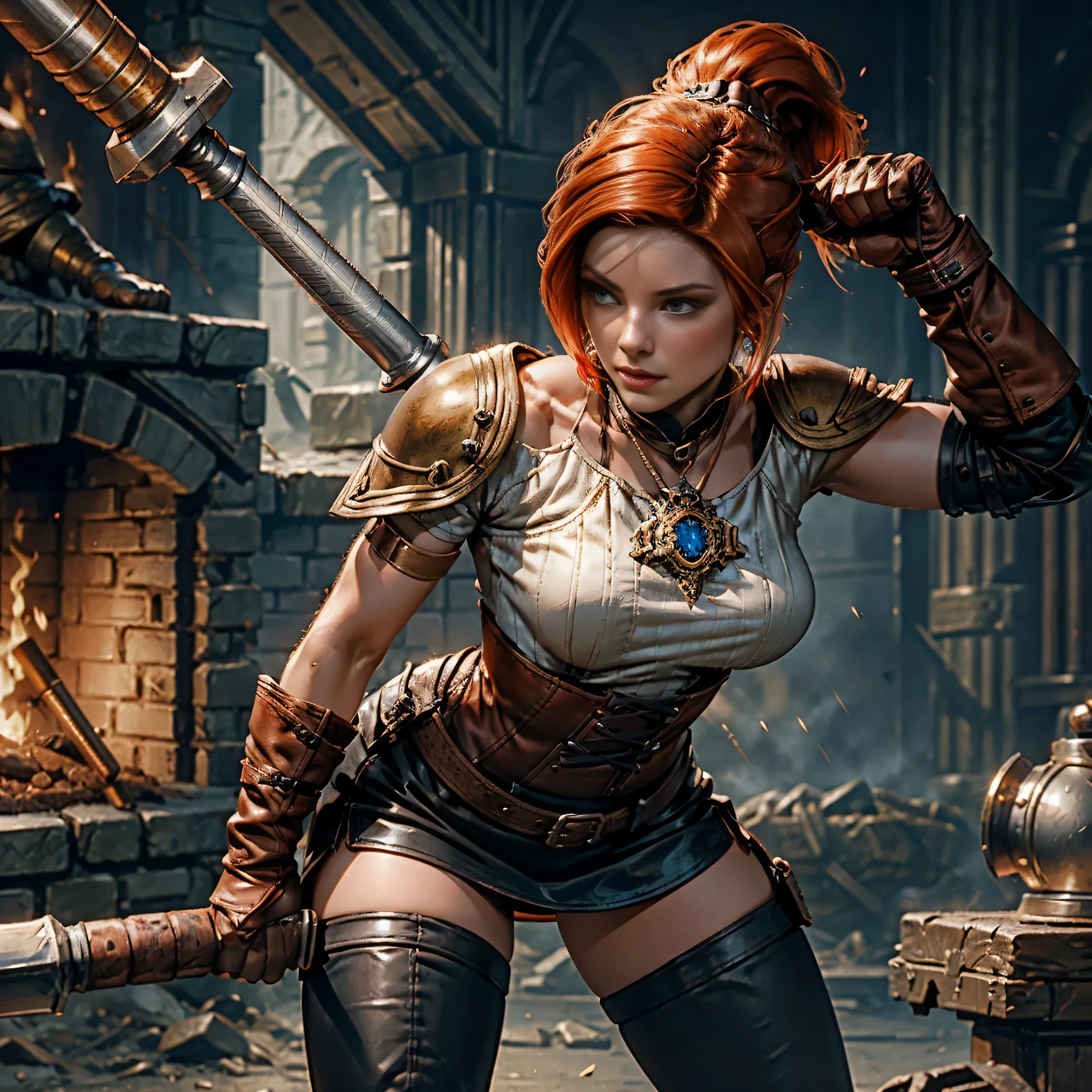 Style: realism, "medieval fantasy setting with a focus on authentic leather clothing and accessories" 
1girl socalexia, alexiaforge, The blacksmith is a beautiful woman of the European race. Tall, strong build, with strong hands, but at the same time she h...