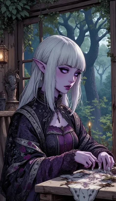 (A fusion of Ukiyo-e and dark fantasy. Aesthetic and gothic digital art. Draw a detailed face. Look away.) BREAK
(White hair. Blunt bangs. White eyebrows. Long white eyelashes. Almond-shaped eyes. Lavender eyes. Dark, thick eyeliner. Small pink lips. Slig...