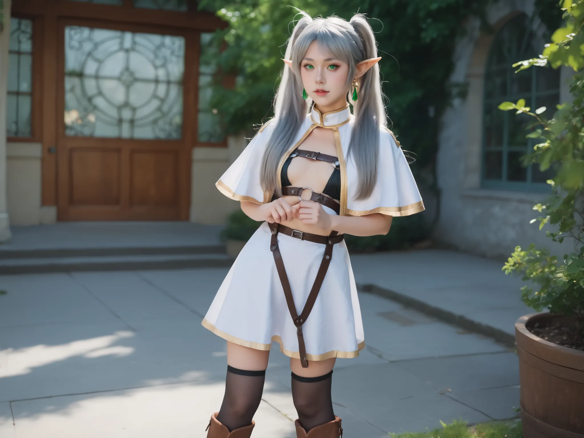 ,frieren, long hair, twintails, green eyes, grey hair, pointy ears, elf, small breasts, anime screencap,frier3n, pointy ears, twintails, elf, long hair, green eyes, parted bangs, white hair, white capelet, white dress, pantyhose,  brown boots,  she is show...