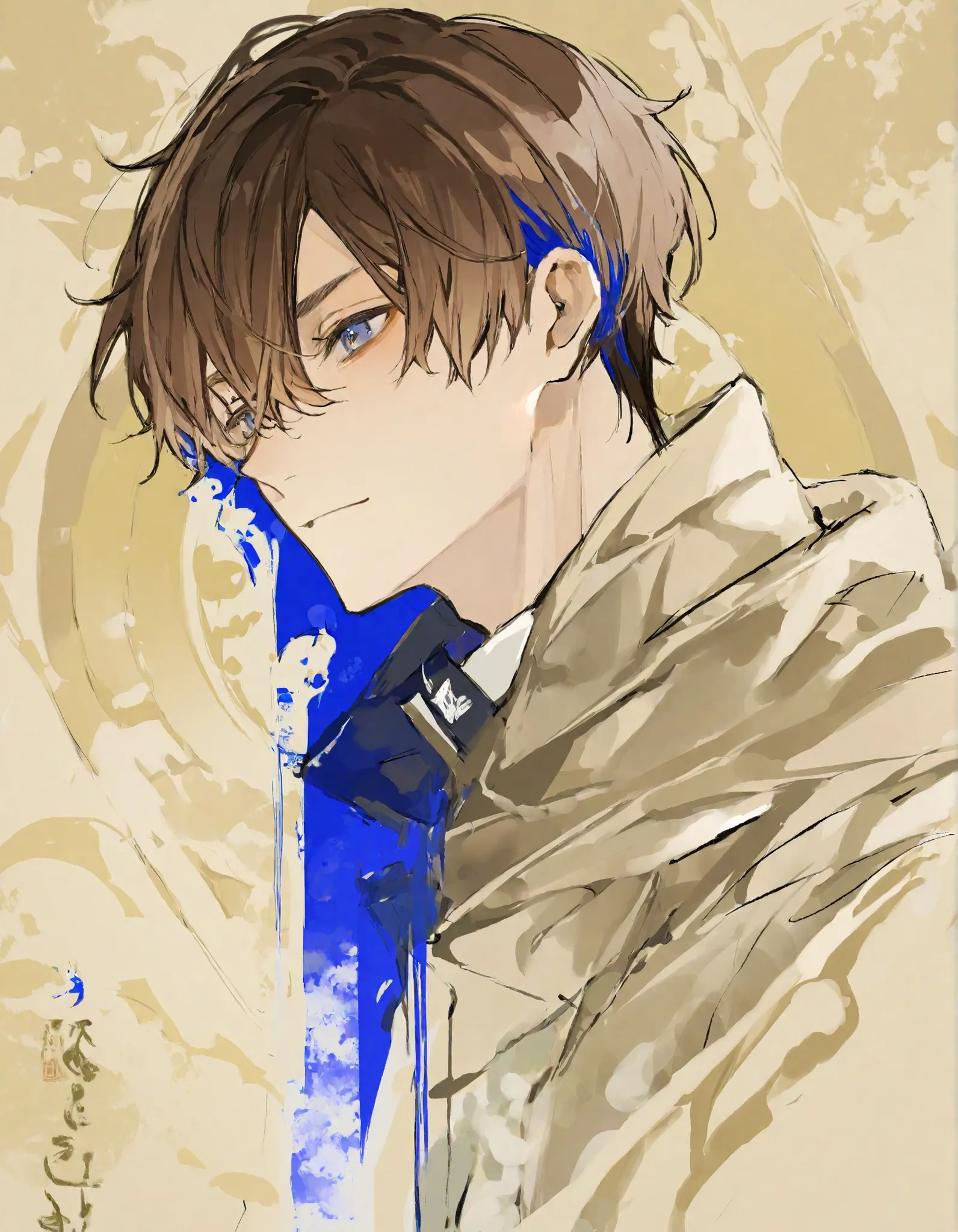1 man、White brown hair、mash、blue inner color