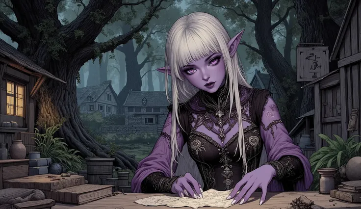 (A fusion of Ukiyo-e and dark fantasy. Aesthetic and gothic digital art. Draw a detailed face. Look away.) BREAK (White hair. Blunt bangs. White eyebrows. Long white eyelashes. Almond-shaped eyes. Lavender eyes. Dark, thick eyeliner. Small pink lips. Sligh...