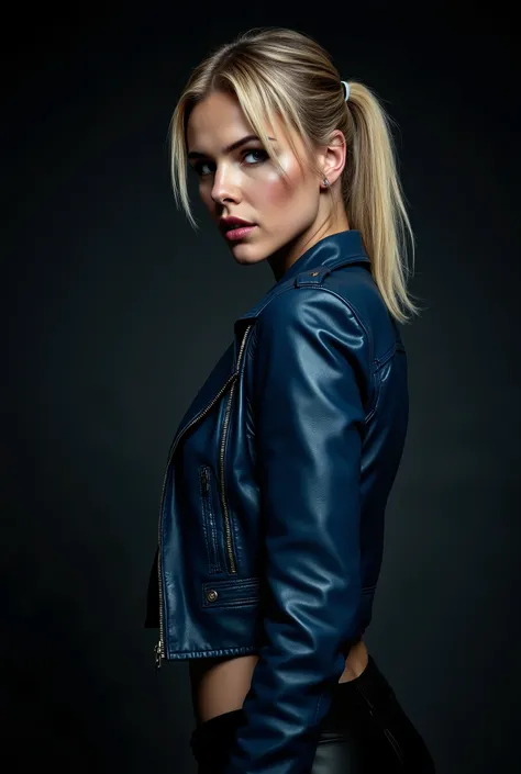 blonde woman in a blue jacket and black pants posing for a picture, in a dark space mercenary outfit, promotional still, hailee steinfeld, oona chaplin, promo still, female lead character, an edgy assassin, tessa thompson, sil from species, promotional im...