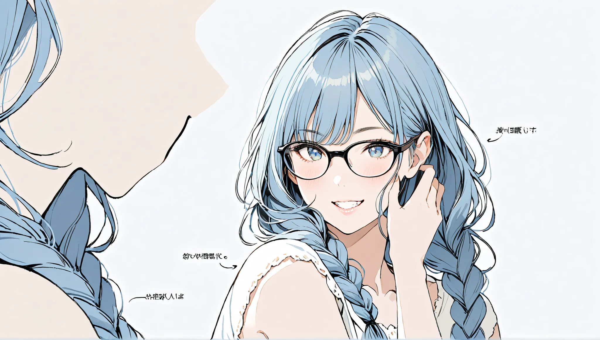 (white background))、((alone))((v_over eye)),、((Upper body diagram)),(((grin))),((Front view)),,((Navy blue hair semi-long braid hairstyle with long bangs)),(((black-rimmed glasses))),masterpiece, Highest quality, Beautiful attention to detail, Very detaile...
