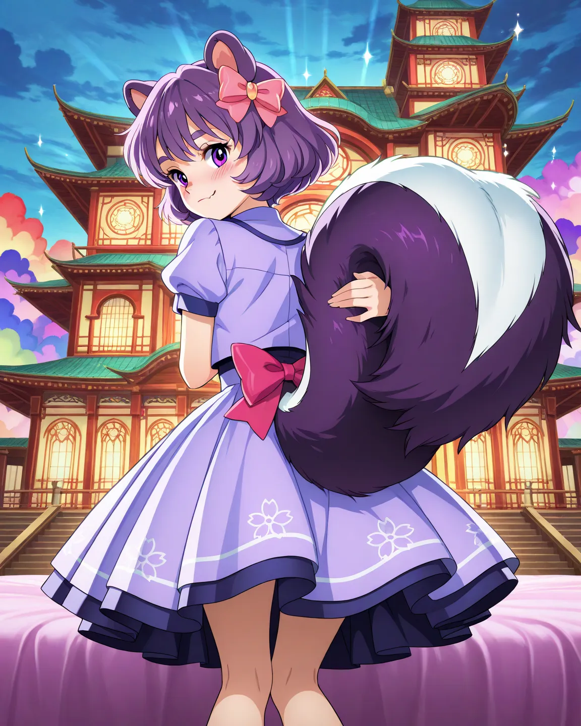score_9, score_8_up, score_7_up, score_6_up, source_furry, score_danger, (adult frame) (1 skunk girl, solo, Fifi La Fume as a cute anime girl bowing with their heads down to their knees, skirts rising as they bow, back view, stylized anthropomorphic purple skunk and purple ears with long flowing purple hair and pink bow a white streak, big expressive anime eyes, wearing a purple frilly French-inspired dress, standing playfully with her large fluffy purple tail releasing a soft green gas on her tail, humorous and flirty expression, sparkles and exaggerated, anime-style shading, skunk pattern, thick purple eyebrows, glowing purple eyes, jitome, glossy eyes, blushing cheek, ), (((hugging her own tail with both hands))), (Whimsical cartoon school campus inspired by Japanesse style, colorful and playful architecture, exaggerated shapes, vibrant colors, blue skies with fluffy clouds, sakura trees in bloom,on fluffy bed, anime-style lighting, soft cel-shading, magical atmosphere, Studio Ghibli meets Looney Tunes, clean and bright, highly detailed anime background, fantasy school setting, at viewer, expressionless, closed mouth, cat smile, close up fang), 