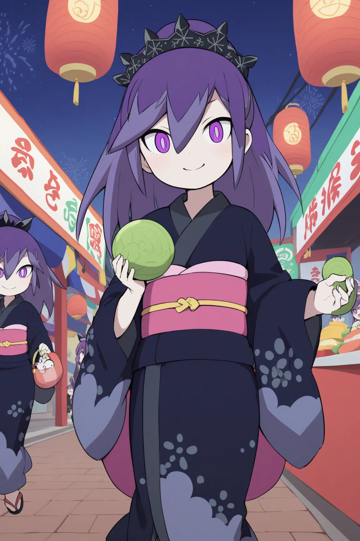 Hyakkihime from Yo-kai Watch、1 woman in the body、Smile Yan、purple hair carrying  purple eyes、black snowflake headdress、Black yukata、pink waist cloth 、Enjoying the summer festival、夜