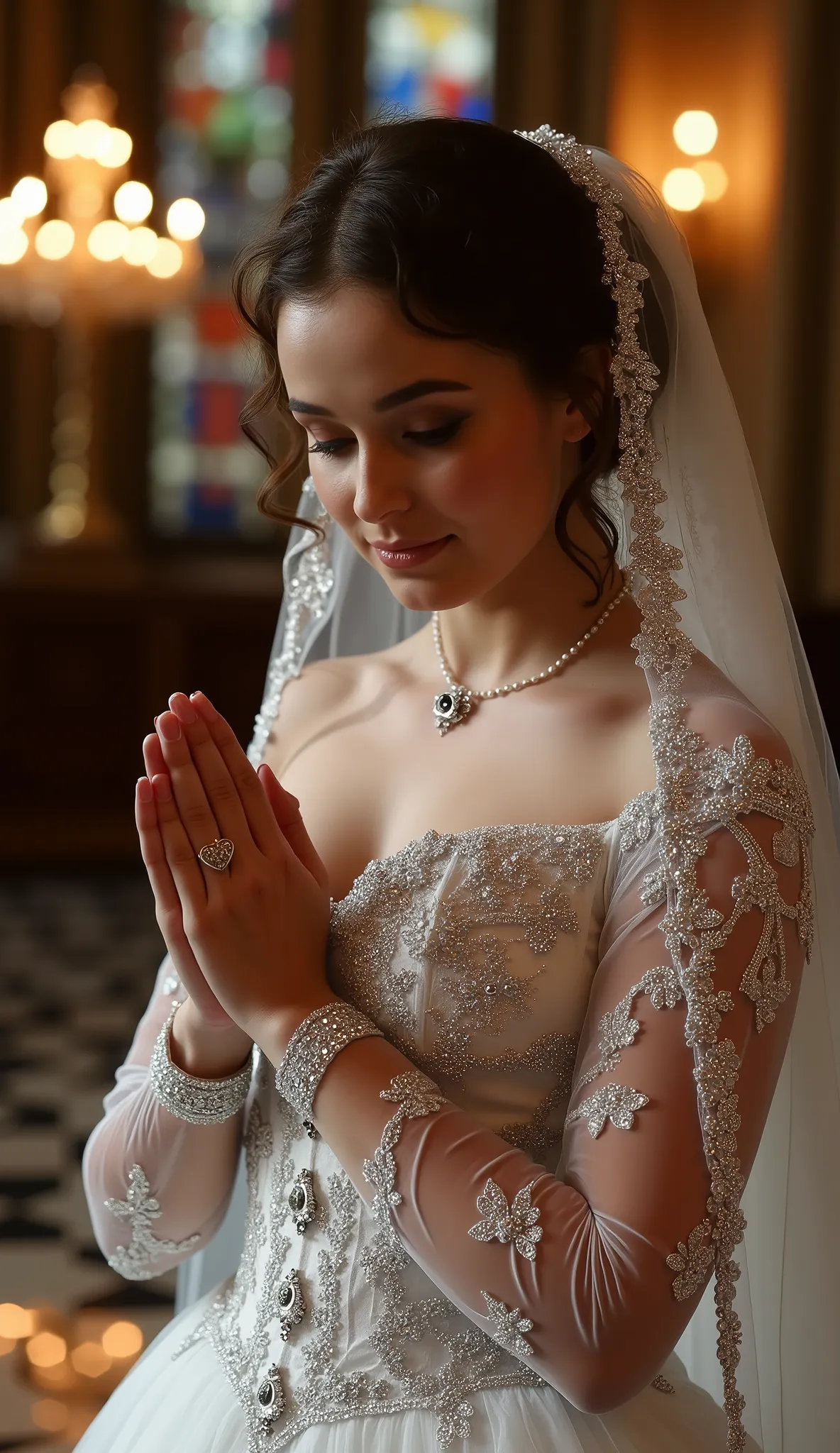 Ultra-high-resolution close-up (100mm macro lens, f/1.4) of a stunning bride (voluptuous hourglass figure) in a jaw-dropping Swarovski crystal-encrusted wedding gown, the delicate lace patterns subtly forming 'Ace of Spades' motifs across the bodice and sl...
