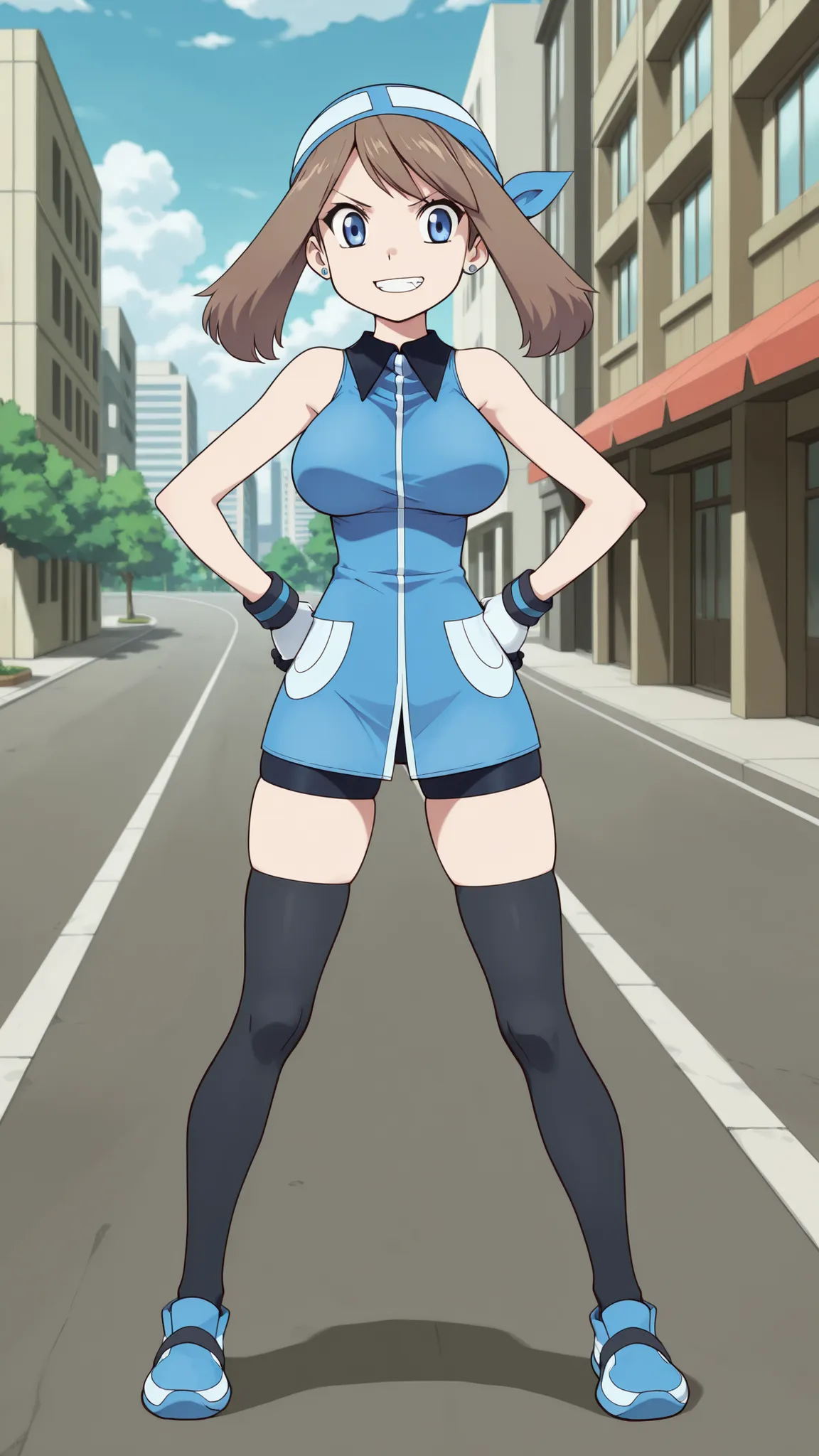 adult older sister, Tall, big boobs,  jam one's hands on one's hips, black knee-high stockings, Absolute region, thighs, Blue shoes, blue bandana, blue sleeveless tunic, Miwaki, black mini bike shorts, gloves, ((top quality)), ((masterpiece)), ((details)),...