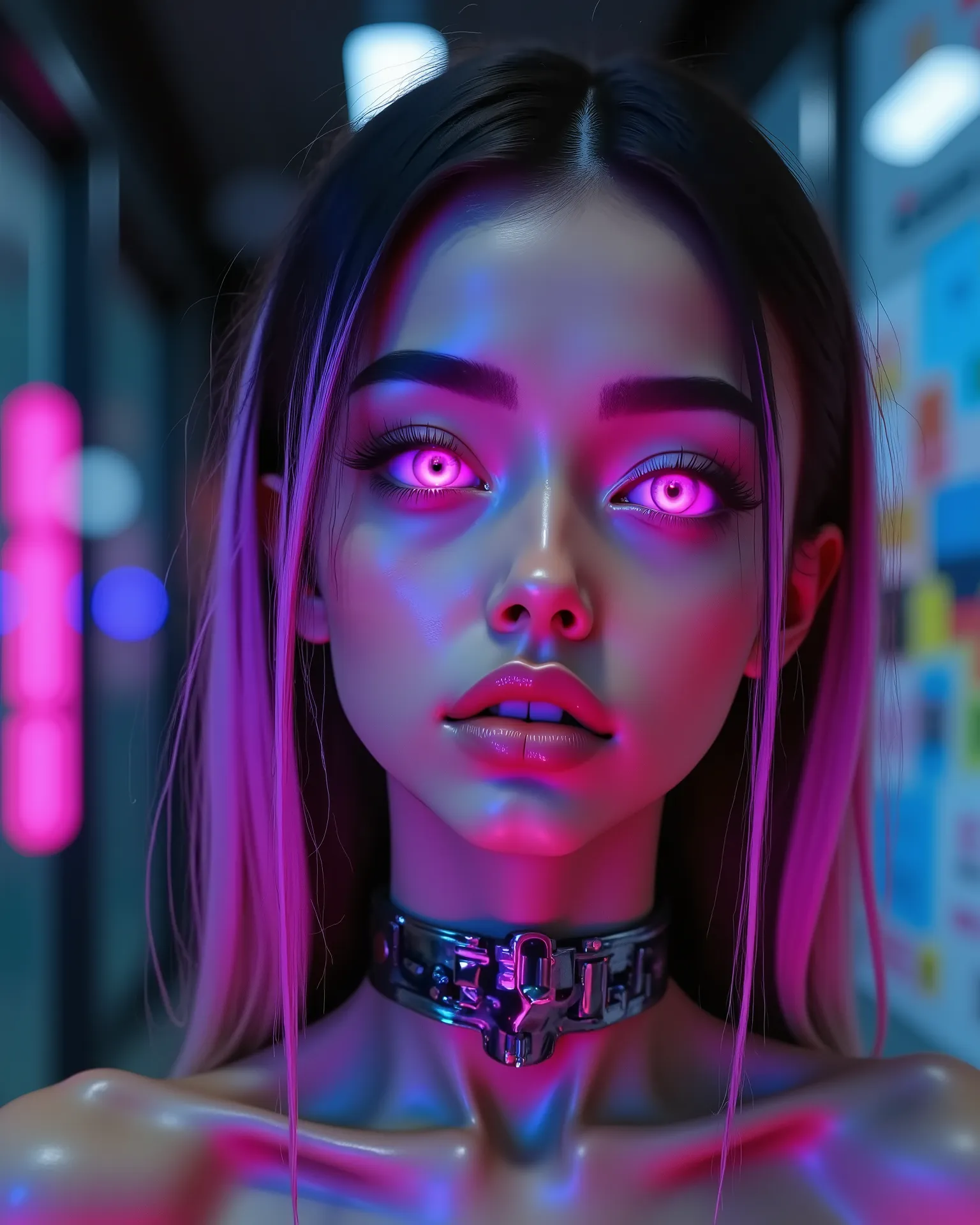 Ultra-realistic close-up portrait of a beautiful female cyborg in a futuristic cyberpunk world, facing slightly upward with a confident expression. Her skin is smooth and porcelain-like with subtle violet-blue tones reflecting glowing neon lights. Her eyes...