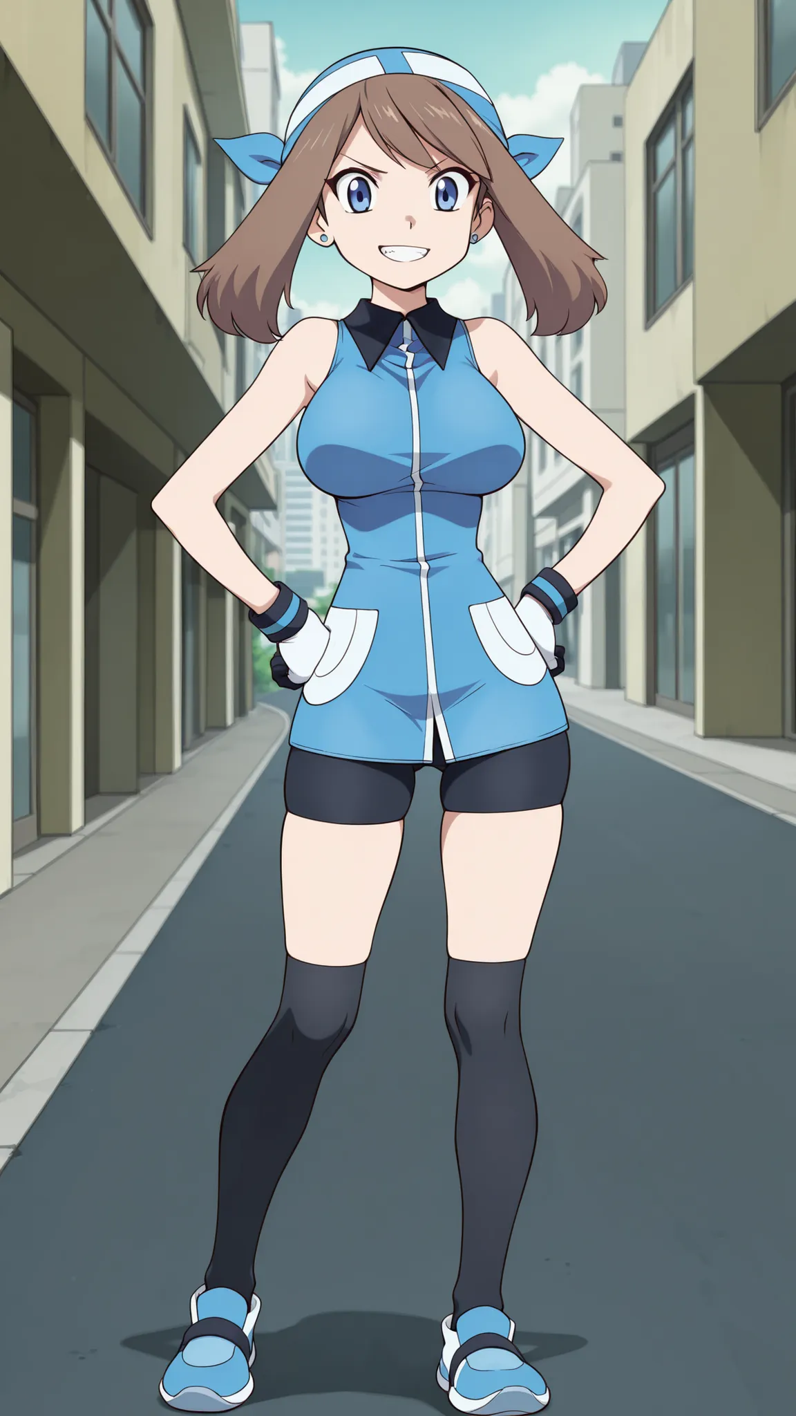 adult older sister, Tall, big boobs,  jam one's hands on one's hips, black knee-high stockings, Absolute region, thighs, Blue shoes, blue bandana, blue sleeveless tunic, Miwaki, black mini bike shorts, gloves, blue earring, ((top quality)), ((masterpiece))...