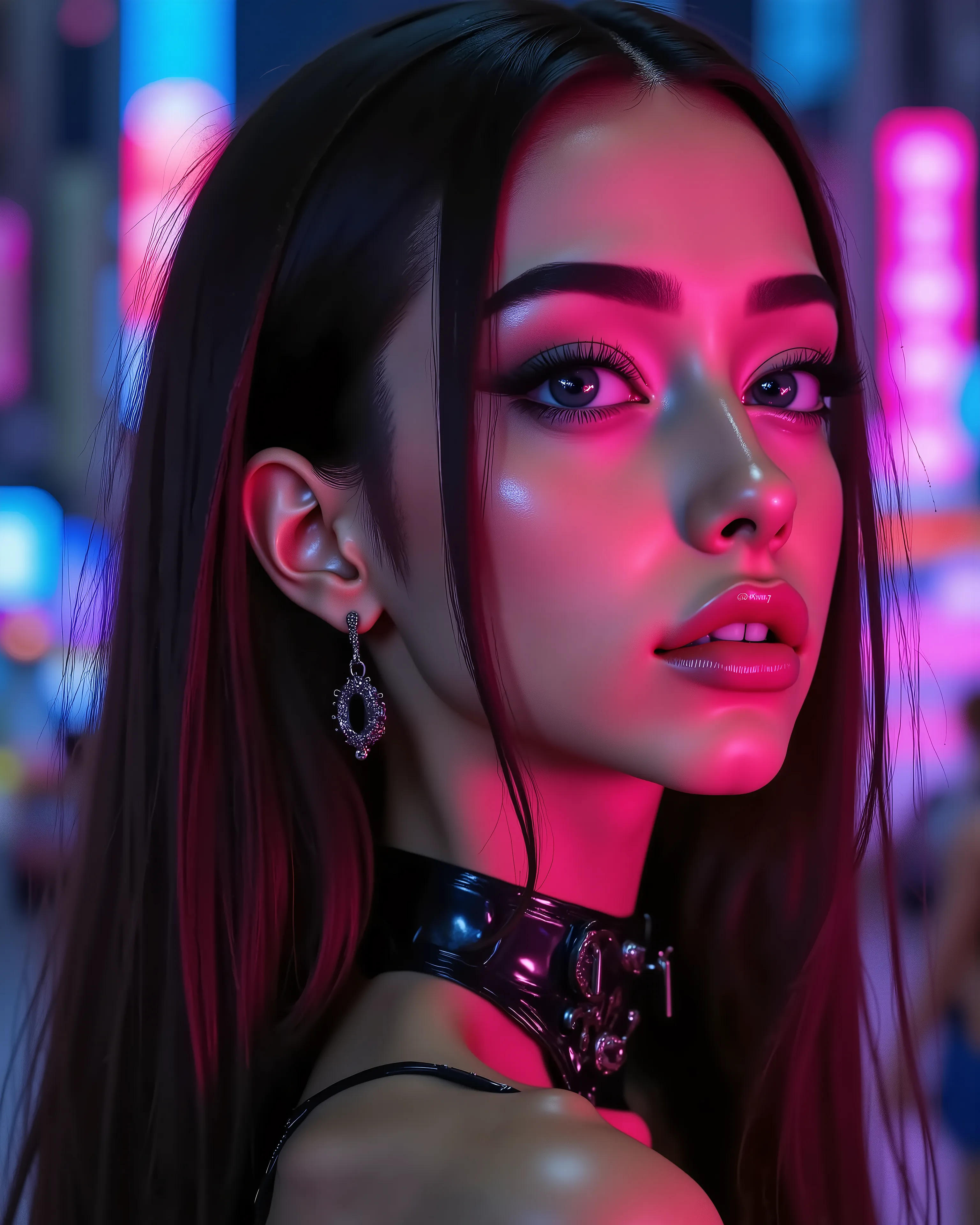 Ultra-realistic close-up portrait of a beautiful female cyborg in a futuristic cyberpunk world, facing slightly upward with a confident expression. Her skin is smooth and porcelain-like with subtle violet-blue tones reflecting glowing neon lights. Her eyes...