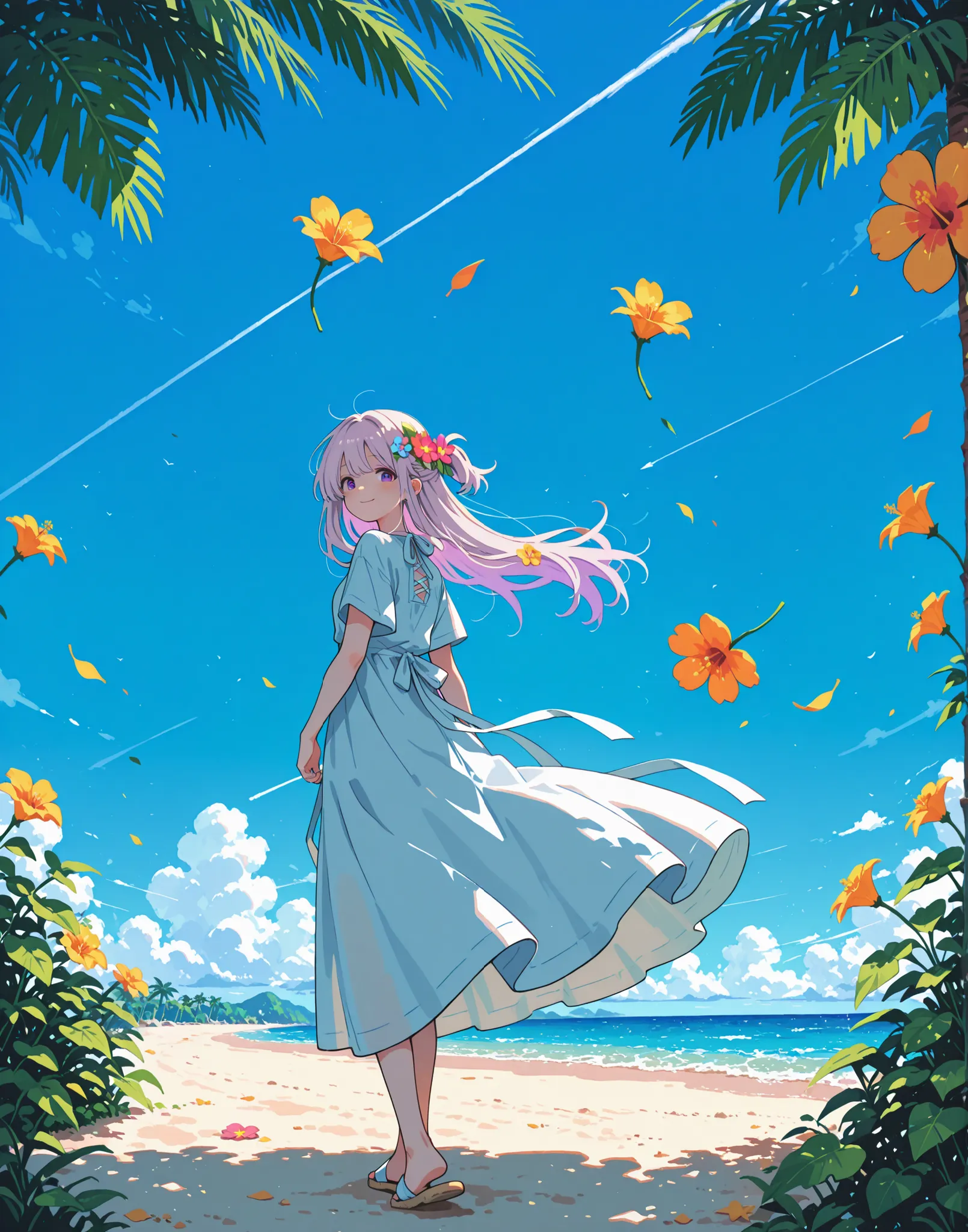 summer, leaves, jungle, blue sky, clouds, contrail, hidden path, beach, looking at viewer, gentle smile, flower hair ornament, semi-long hair, light maroon hair, floating hair, half up do, long skirt, floating skirt, natural lighting, back lighting,