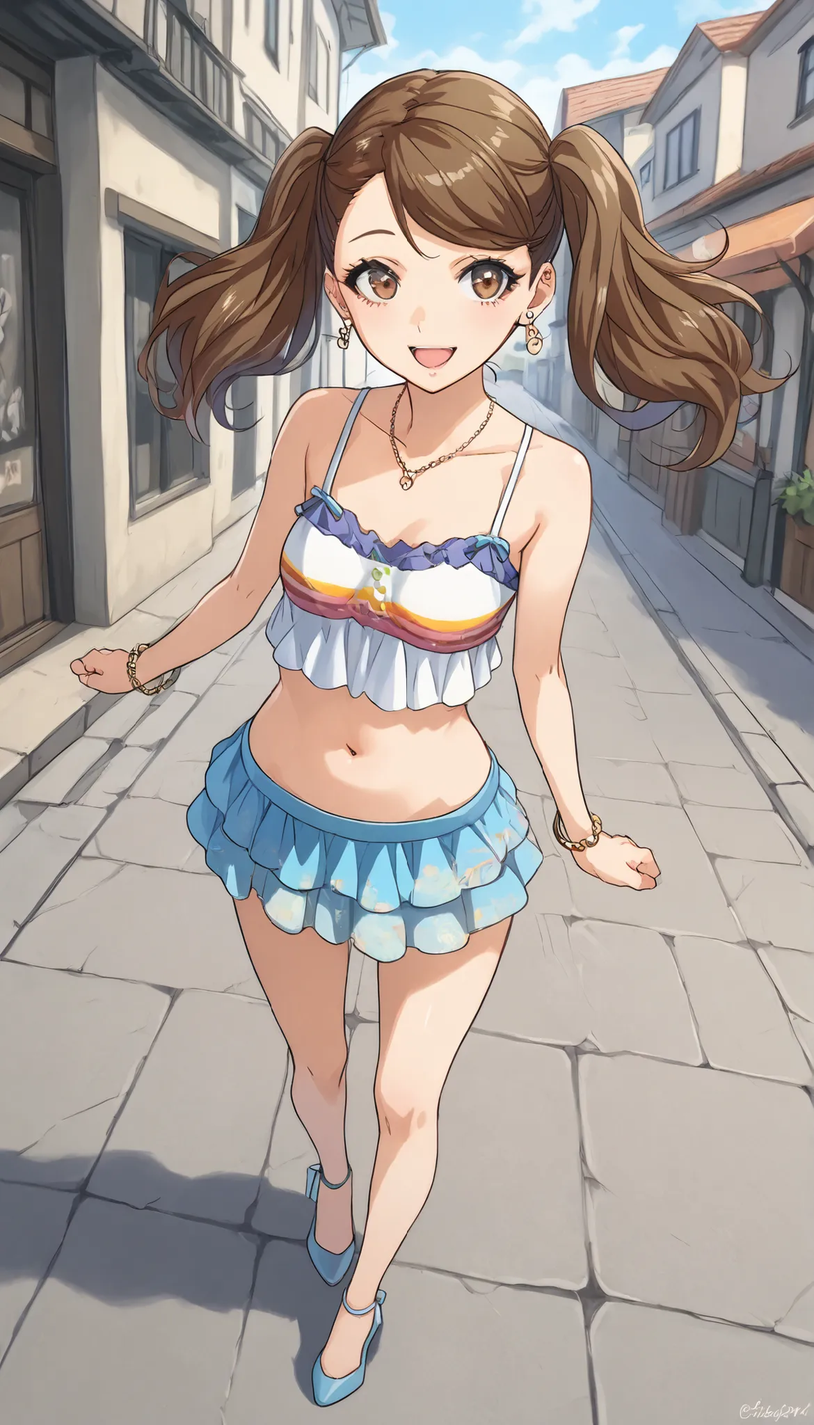 Too Many Simple Positive Opinions xLv2,   ,Takamaki、SHORT HEIGHT  、 Brown Hair, twin tails, Town on a Clear Day、brown eyes, earrings,  ear piercing with head up,  Brown Hair,  score_9,  score_8_up,  score_7_up,  Source_anime, masterpiece,next to viewers be...