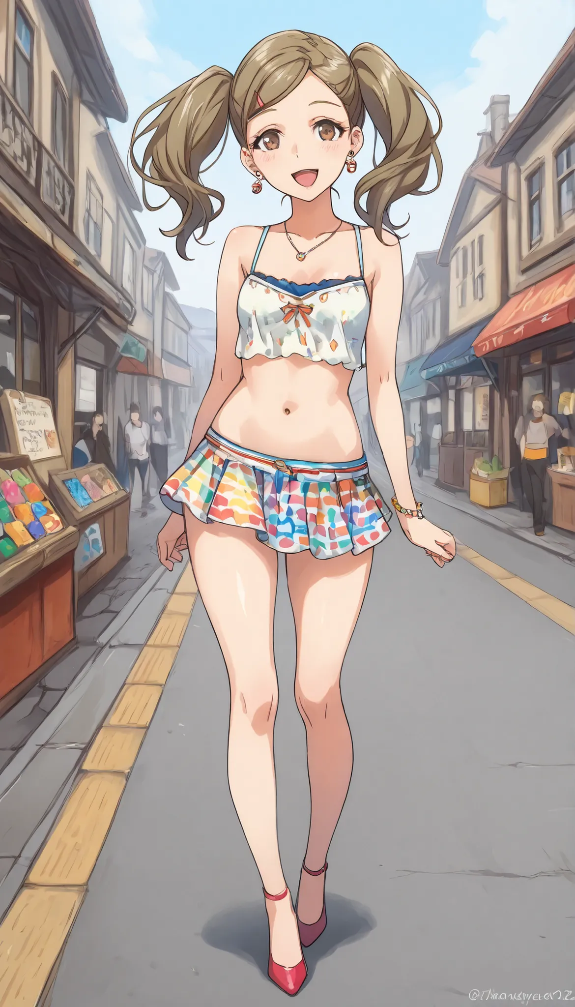 Too Many Simple Positive Opinions xLv2,   ,Takamaki、SHORT HEIGHT  、 Brown Hair, twin tails, Town on a Clear Day、brown eyes, earrings,  ear piercing with head up,  Brown Hair,  score_9,  score_8_up,  score_7_up,  Source_anime, masterpiece,next to viewers be...