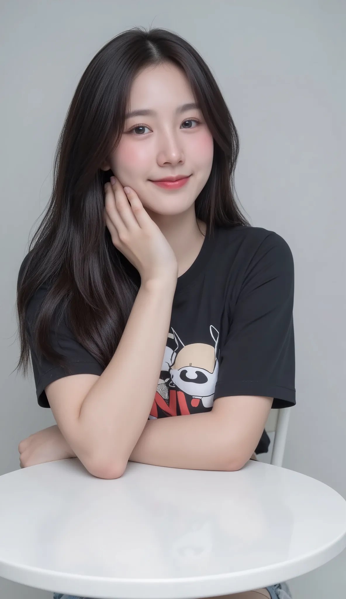 Realistic portrait of a realistic teenage woman, beautiful face, long black hair, big breasts, attractive figure, looking and smiling at the camera. 8K high definition, sharp focus, very high detail, realistic as a photo, natural light, smooth skin, soft s...