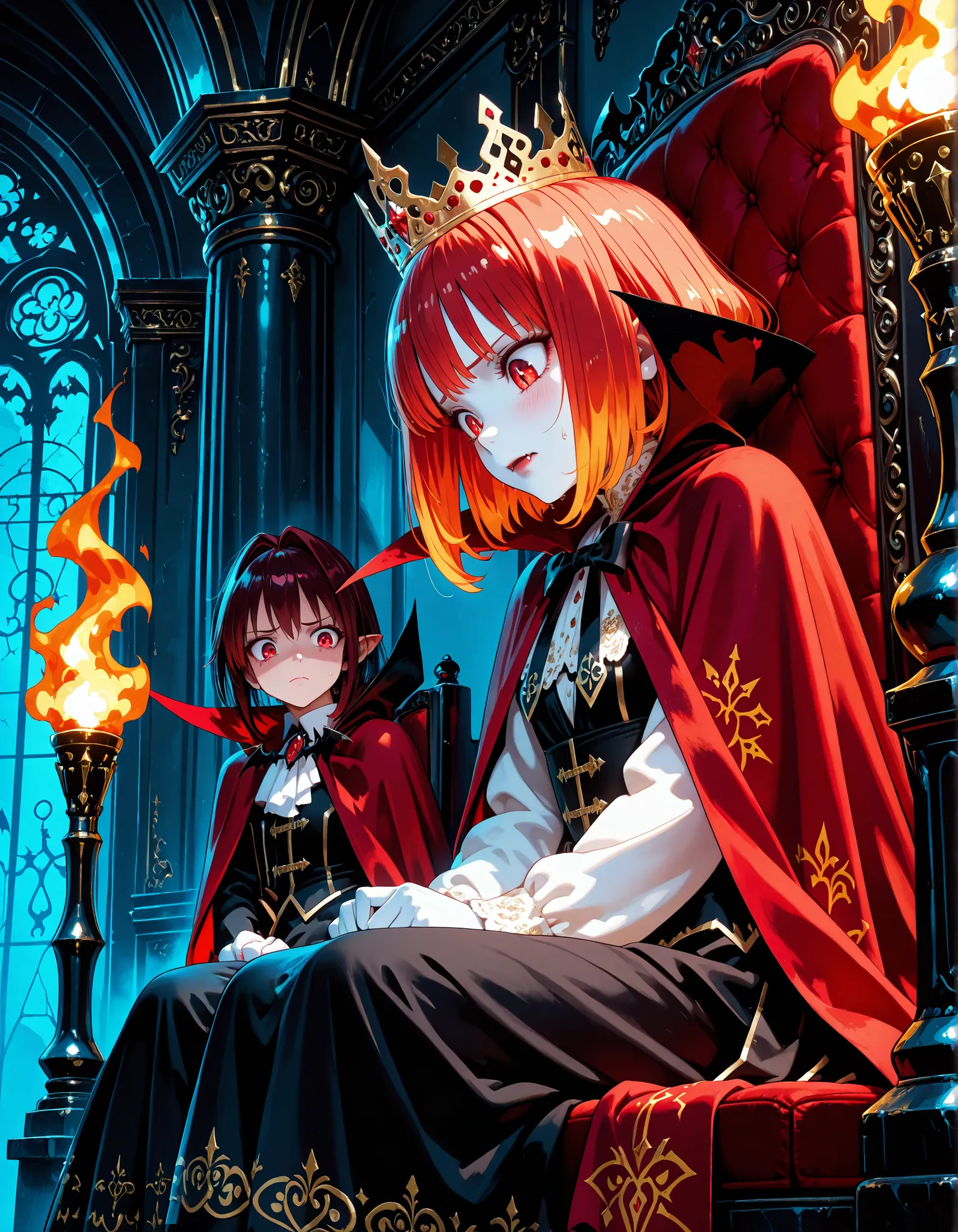 Very High resolution,cute anime-style,masterpiece,best quality,amazing quality,hyper-detailed,very aesthetic,from side,The Queen's chambers,Darkness,A faint flame from a torch installed on the wall.A female vampire sitting on the throne,Cold sweat,(Timid,A...