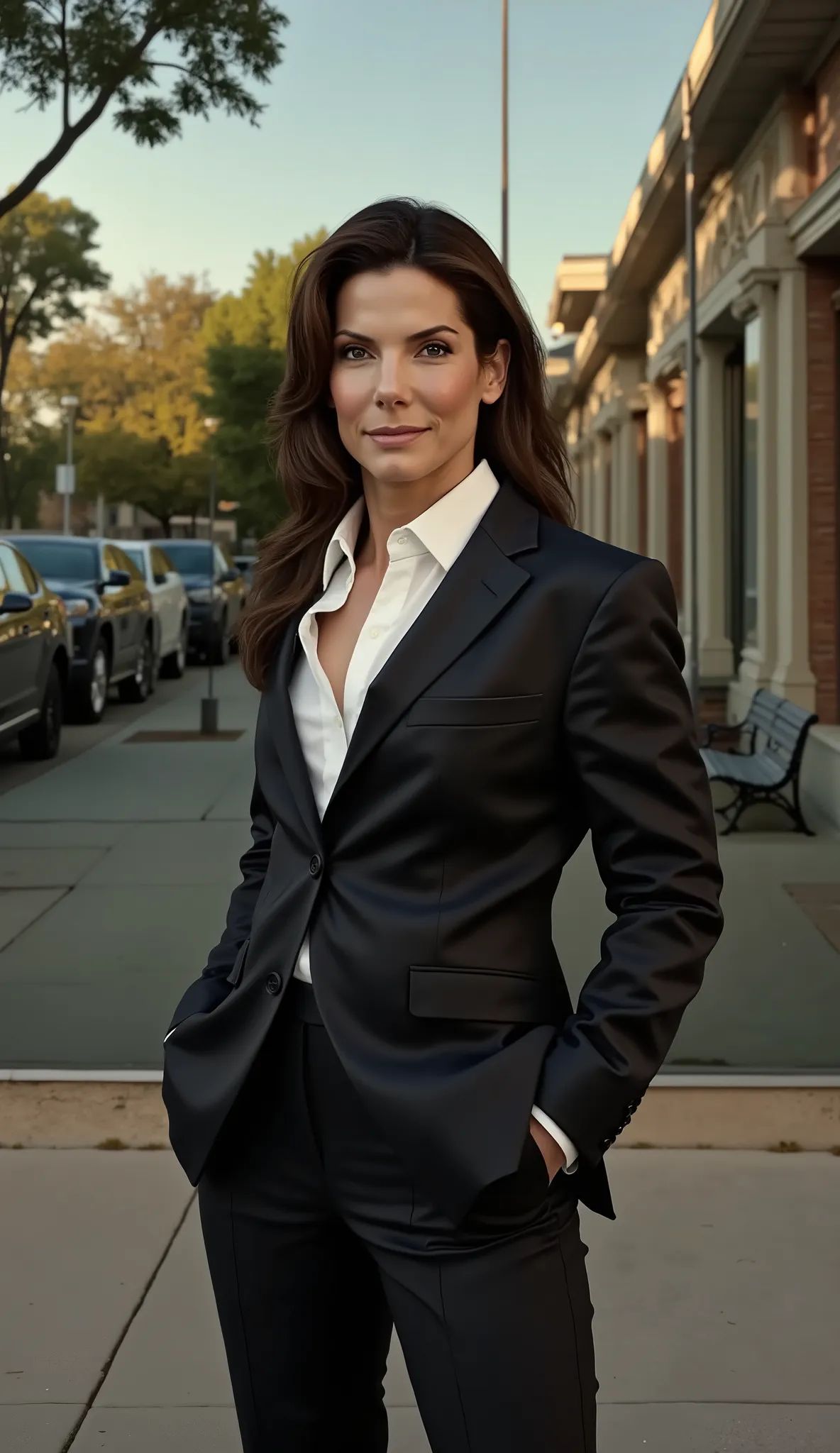 Sandra Bullock in an ultra quality and realistic suit and shirt background houses with mirrors reflecting cars and trees and poles and benches