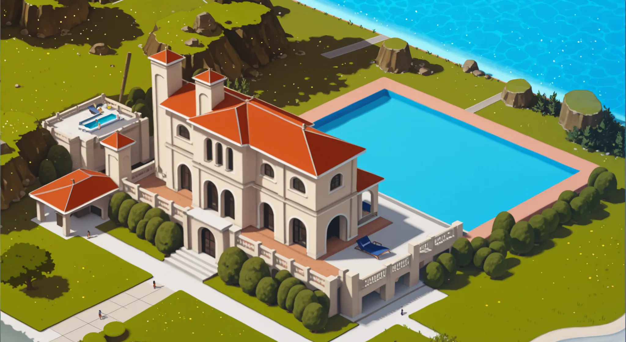 ((no people)), ((isometric)), ((realism)), modern rich country villa with swimming pool, isometric realism, 