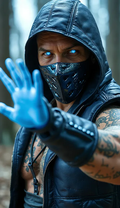 Tom Hardy Sub-Zero from mortal combat with his mask that covers only the mouth (realistic and imposing) Visual: Dressed in a padded blue vest with reinforced metallic seams silver ones. Mascara: Mascara de metal escura com textura fria e acabamento cromado...