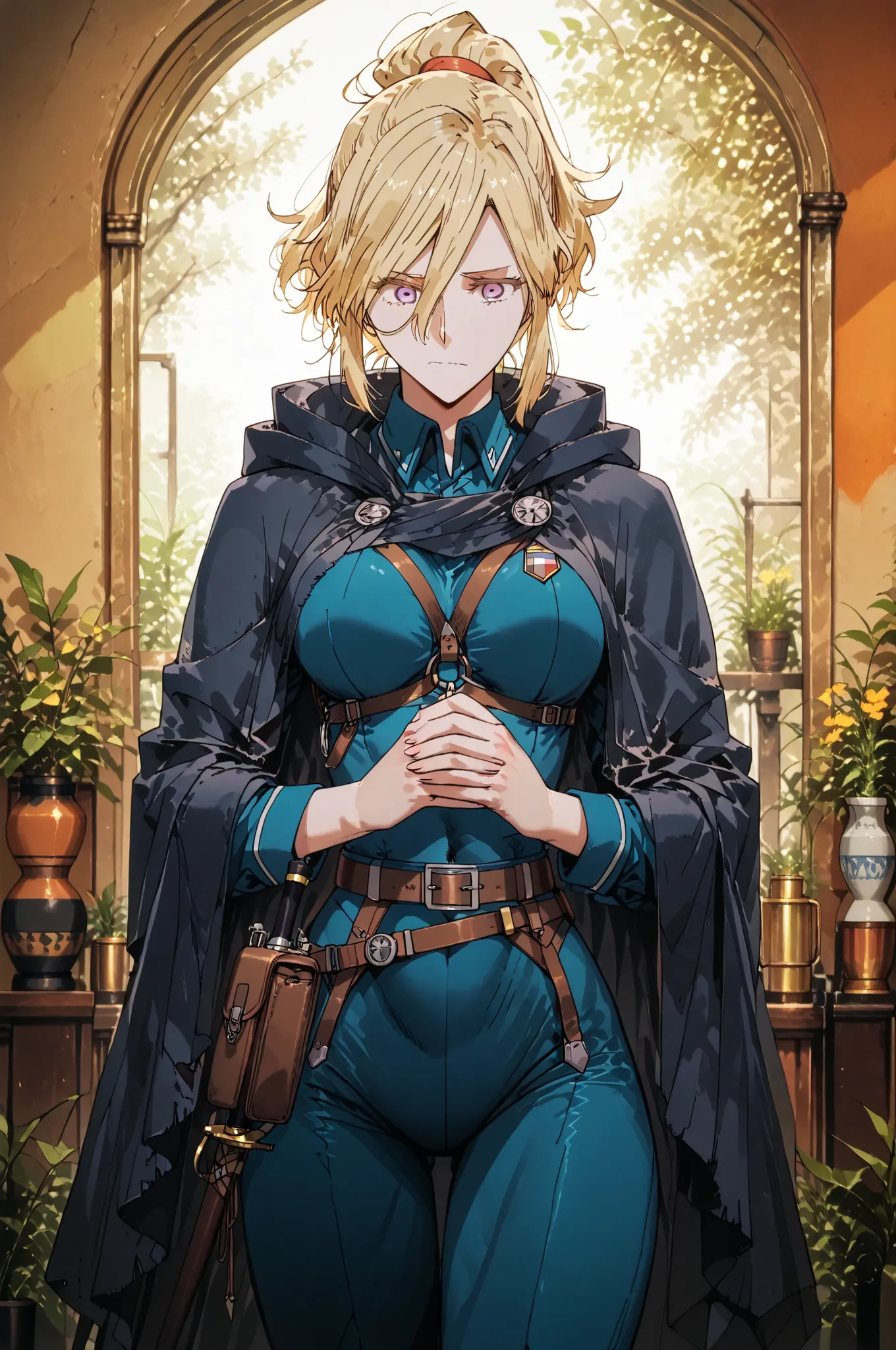 Shokolade, jormugand Shokolade, athletic toned body, ginger hair, wears a blue sensual uniform a cloak that drapes over giving off a fantasy vibe. Straps and belts wrap around the chest and waist, securing a pouch at their side. The chest area of the garme...