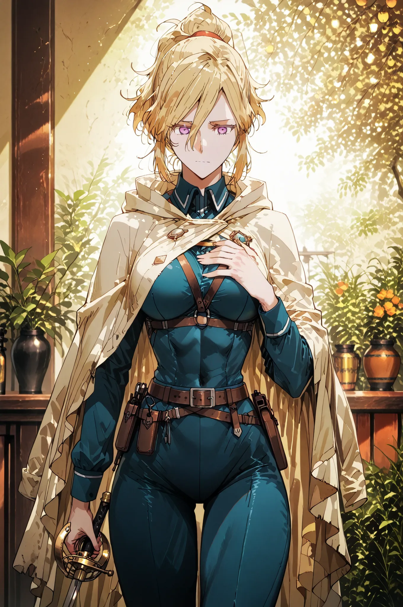 Shokolade, jormugand Shokolade, athletic toned body, ginger hair, wears a blue sensual uniform a cloak that drapes over giving off a fantasy vibe. Straps and belts wrap around the chest and waist, securing a pouch at their side. The chest area of the garme...